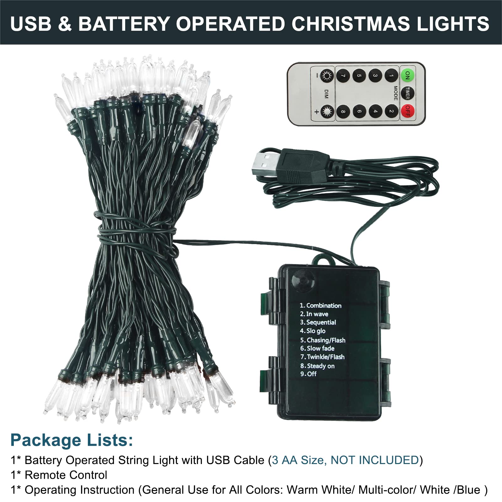 Tcamp Christmas Lights, 33FT 100 LED, Blue, Battery Operated or USB, Remote Timer, 8 Modes, Model QL300AE