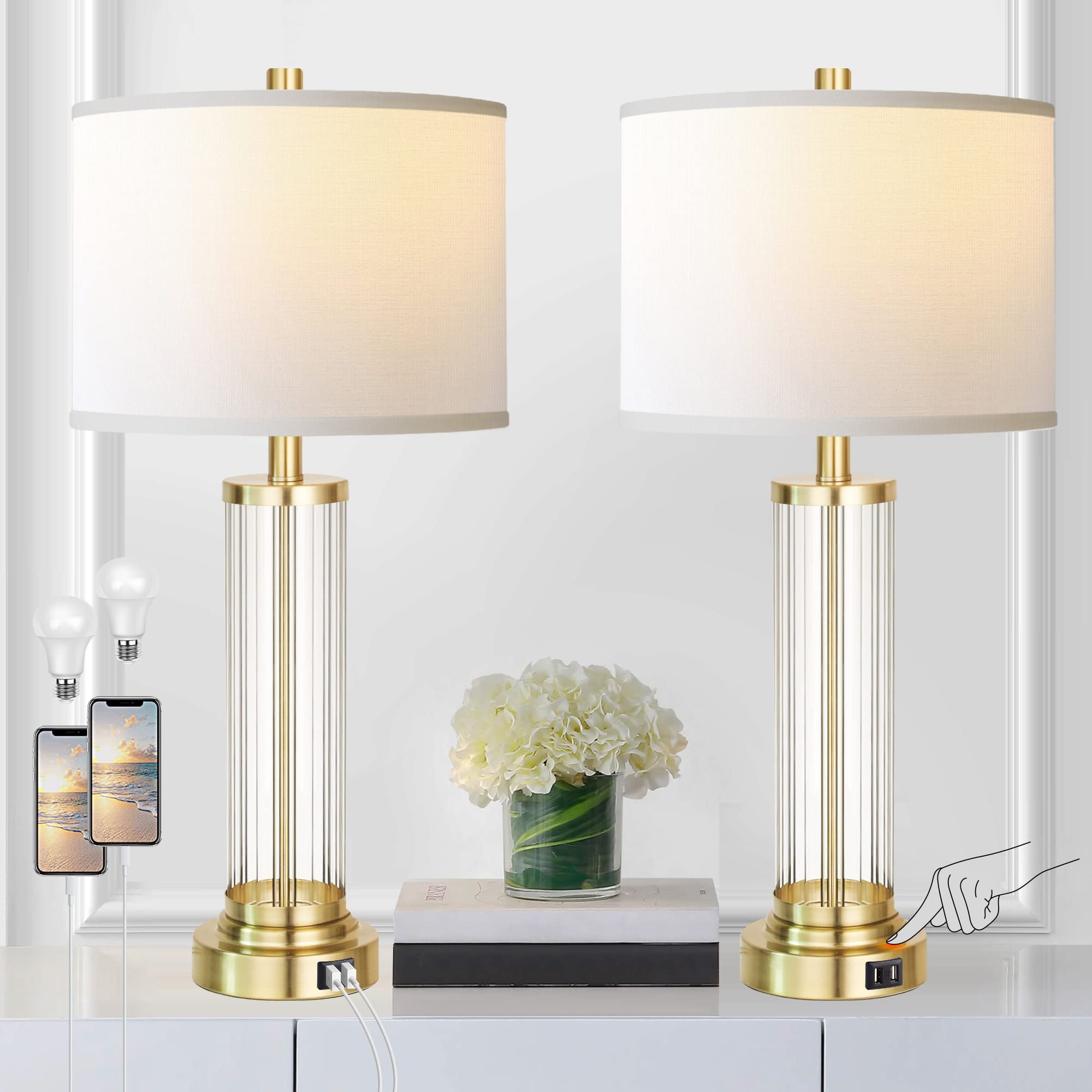 QiMH Touch Control Table Lamp Set of 2, 3-Way Dimmable, Antique Gold, Fabric Cream Shade, Modern Design, LED Bulbs Included