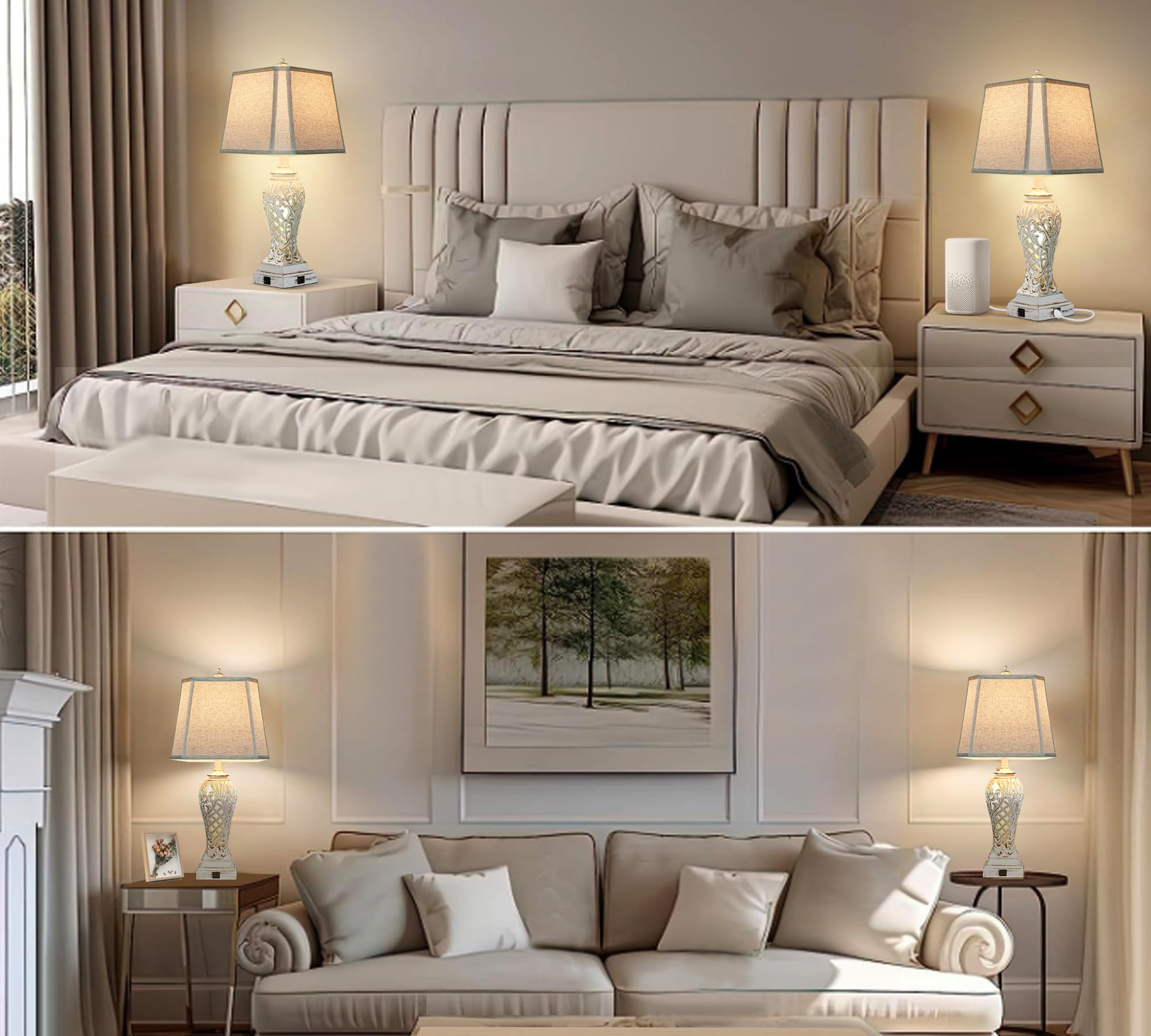 Weiters 29'' Tall Farmhouse Table Lamps Set Of 2, Boho Table Lamp For Living Room With Usb C+A, Bedside Lamp With Nightlight For
