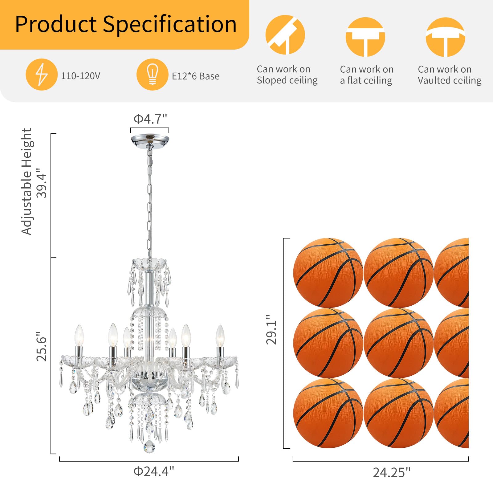 Wuzups 6-Light Crystal Candle Chandelier Pendant Ceiling Light Modern Lighting Fixture For Bedroom Hallway Bar Kitchen Bathroom  H 25.6 W 24.4  E12 Base  Chrome