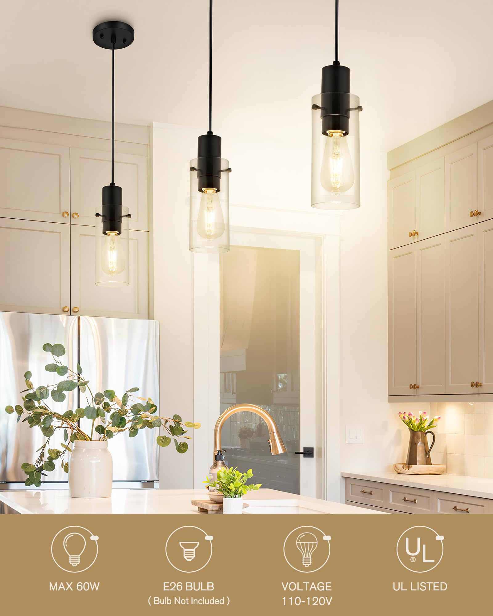 Emak Modern Mini Pendant Light Fixtures, Black Pendant Lights Kitchen Island With Clear Glass Shade, Farmhouse Hanging Lights Fo