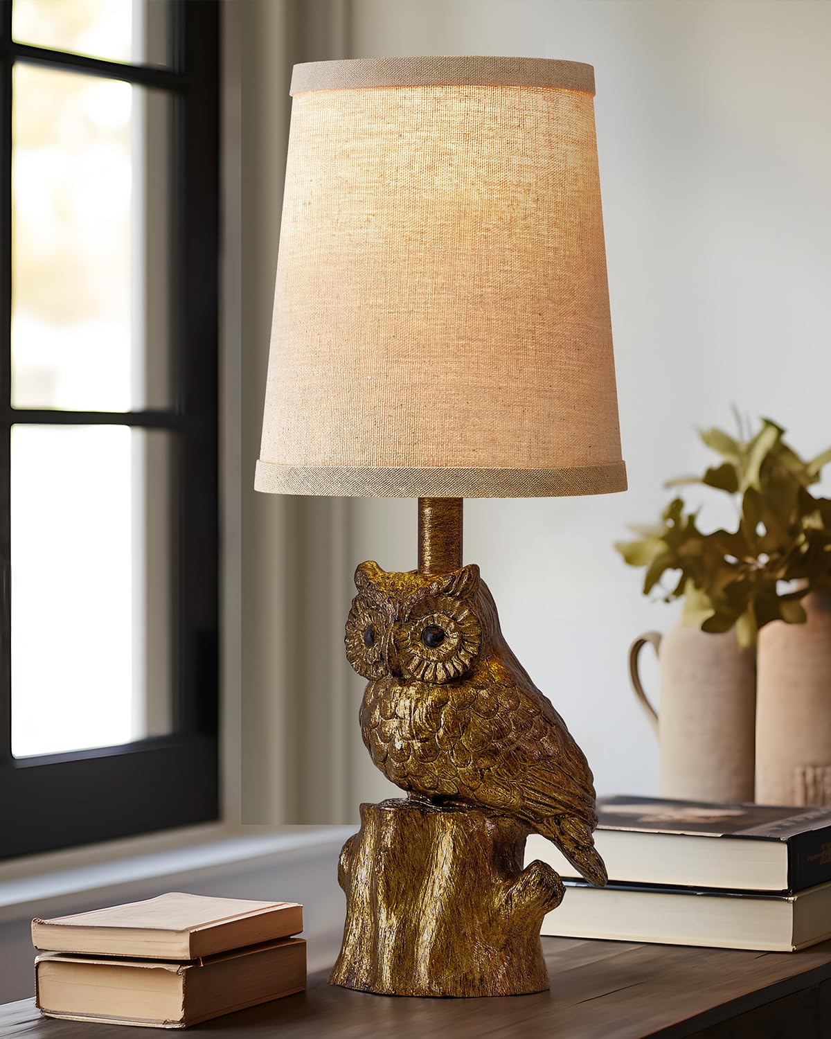 G-SAFAVA 14.25'' Small Table Lamp for Living Room Farmhouse Bedside Resin Single Lamp with Gold Owl Lamp Shape for Bedroom Retro