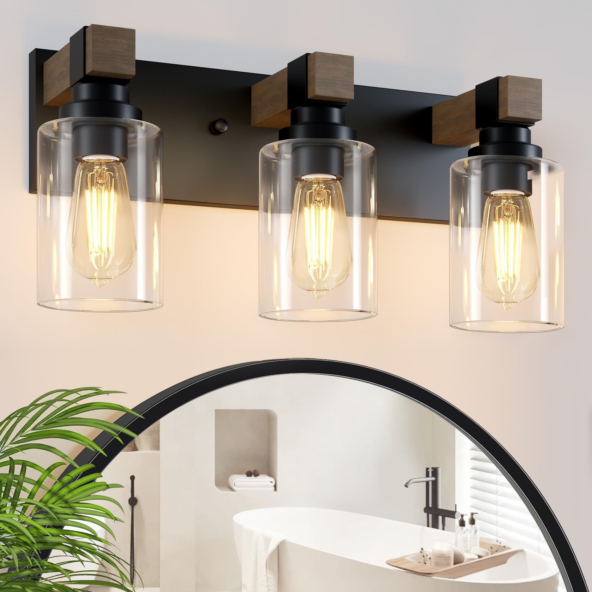 DvmTeom 3-Light Rustic Bathroom Vanity Light, Black & Wood, Vintage Glass Shade, Model D6005