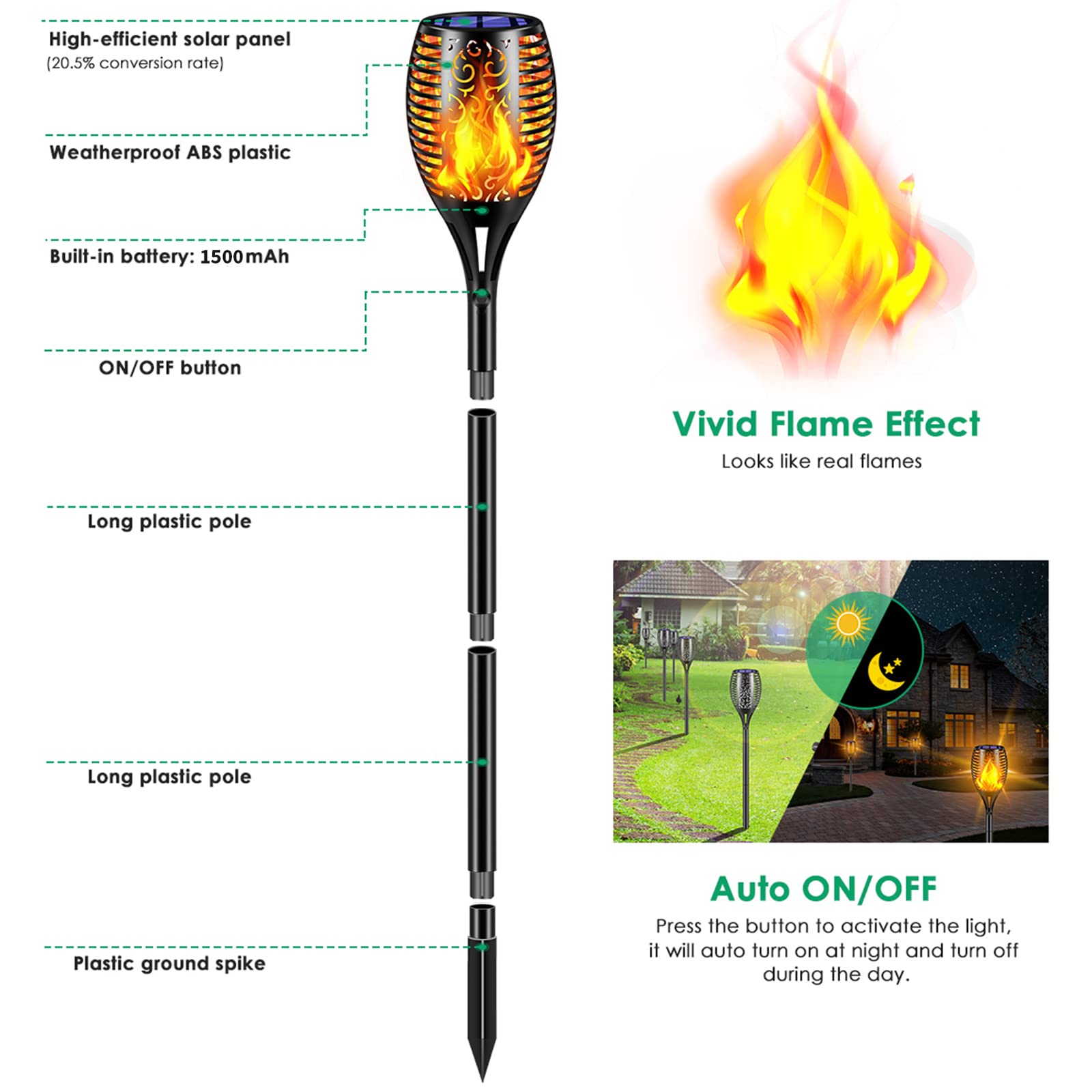 TomCare Solar Torch Lights - 99 LED Flickering Flame - 43" Waterproof Outdoor Lighting - Black - 4 Pack