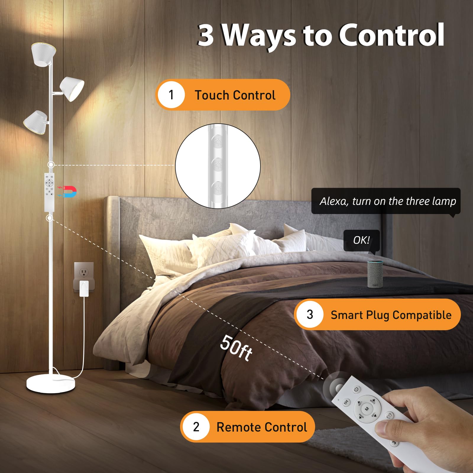 White 42W Tree Floor Lamp, 4200Lm Super Bright Led Floor Lamps For Living Room With Remote & Touch Control, 3 Rotatable Lights 4