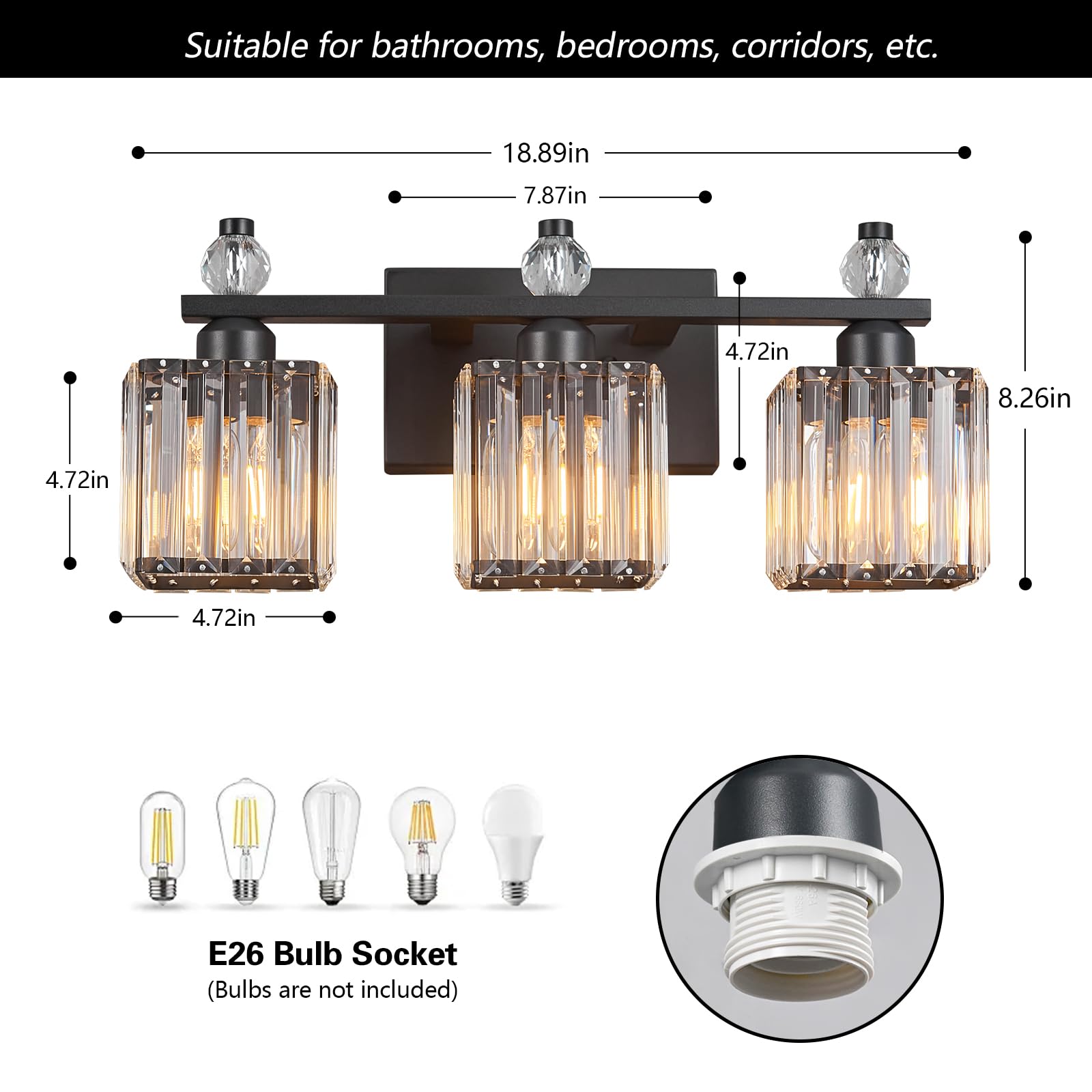 FDPBY 3-Light Sand Black Metal Bathroom Vanity Light Fixture, Modern Crystal Design, Model 290