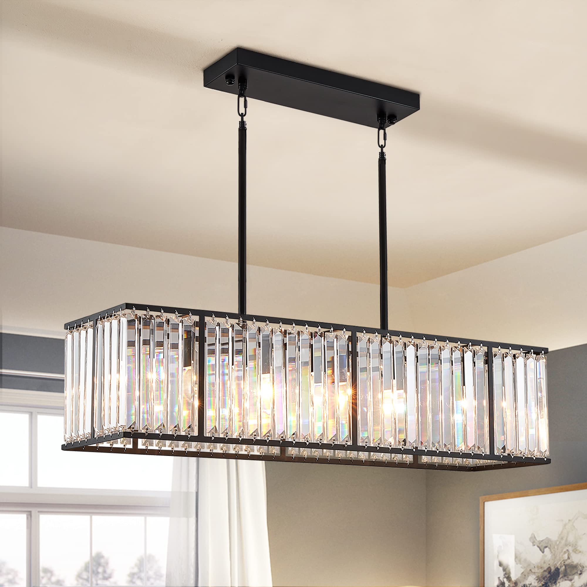 Siljoy Modern Rectangular Crystal Chandelier, 5 Lights, Metal, Black, L33.5 Inch, Model YJT6238