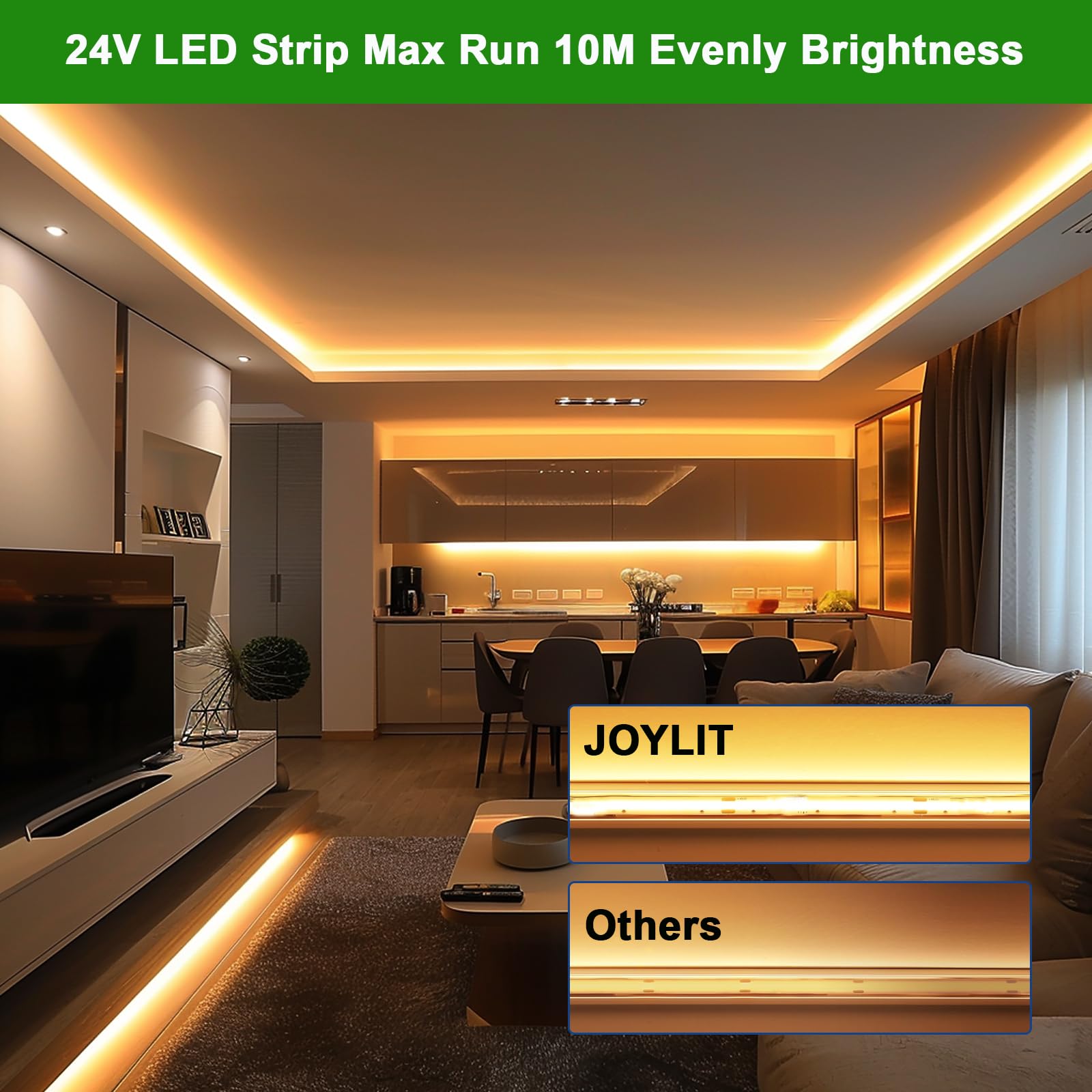 Joylit 24V 32.8Ft/10M Cob Led Strip Lights 120 2700K Warm White Indoor 384Leds/M High Density 7650Lm Super Bright Cri 90+ Dotles