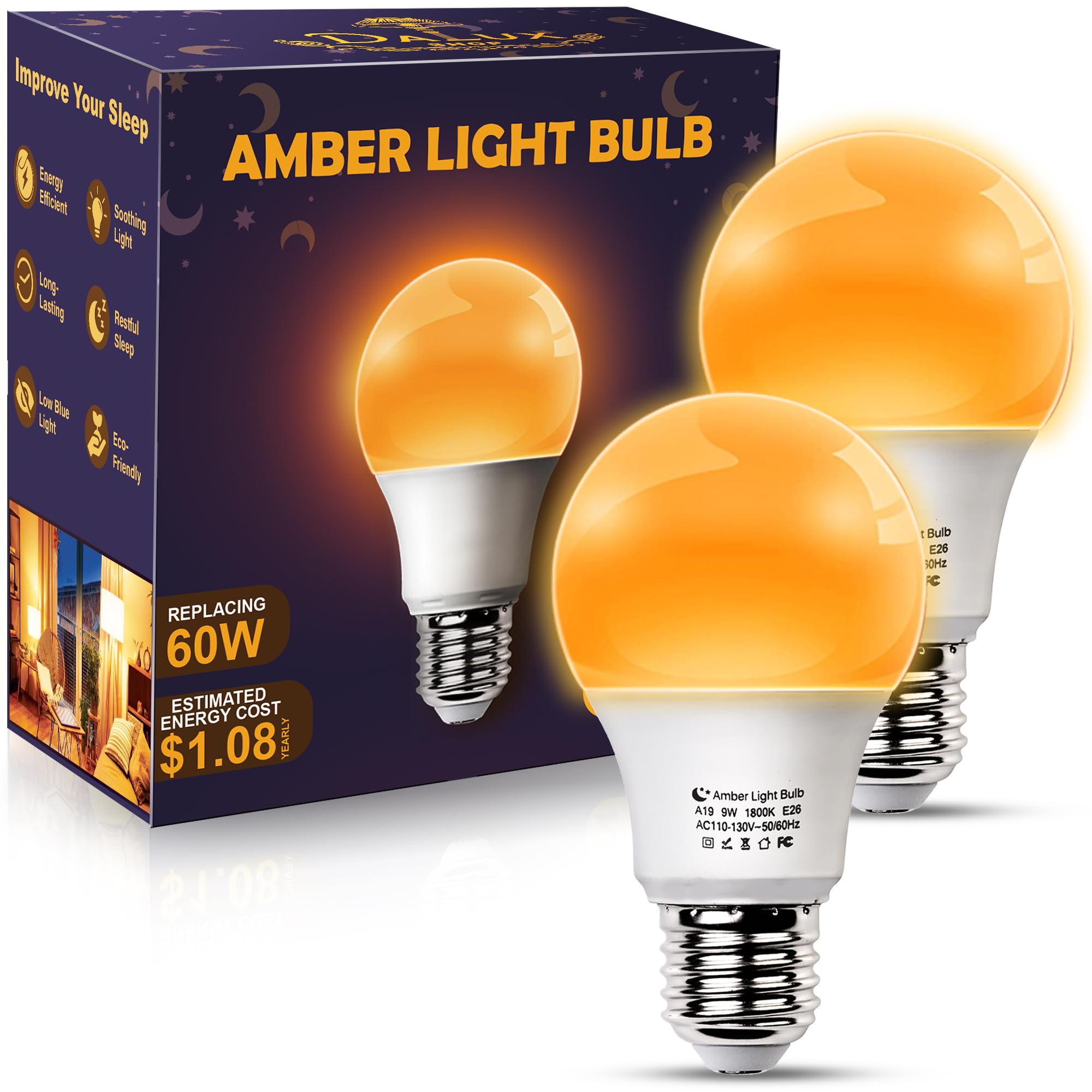 Daluxshop Amber Sleep Light Bulbs, Blue Light Blocking, A19 9W(60 Watt Equivalent) Dim Light Bulbs For Lamp, 1800K Warm Light Bu
