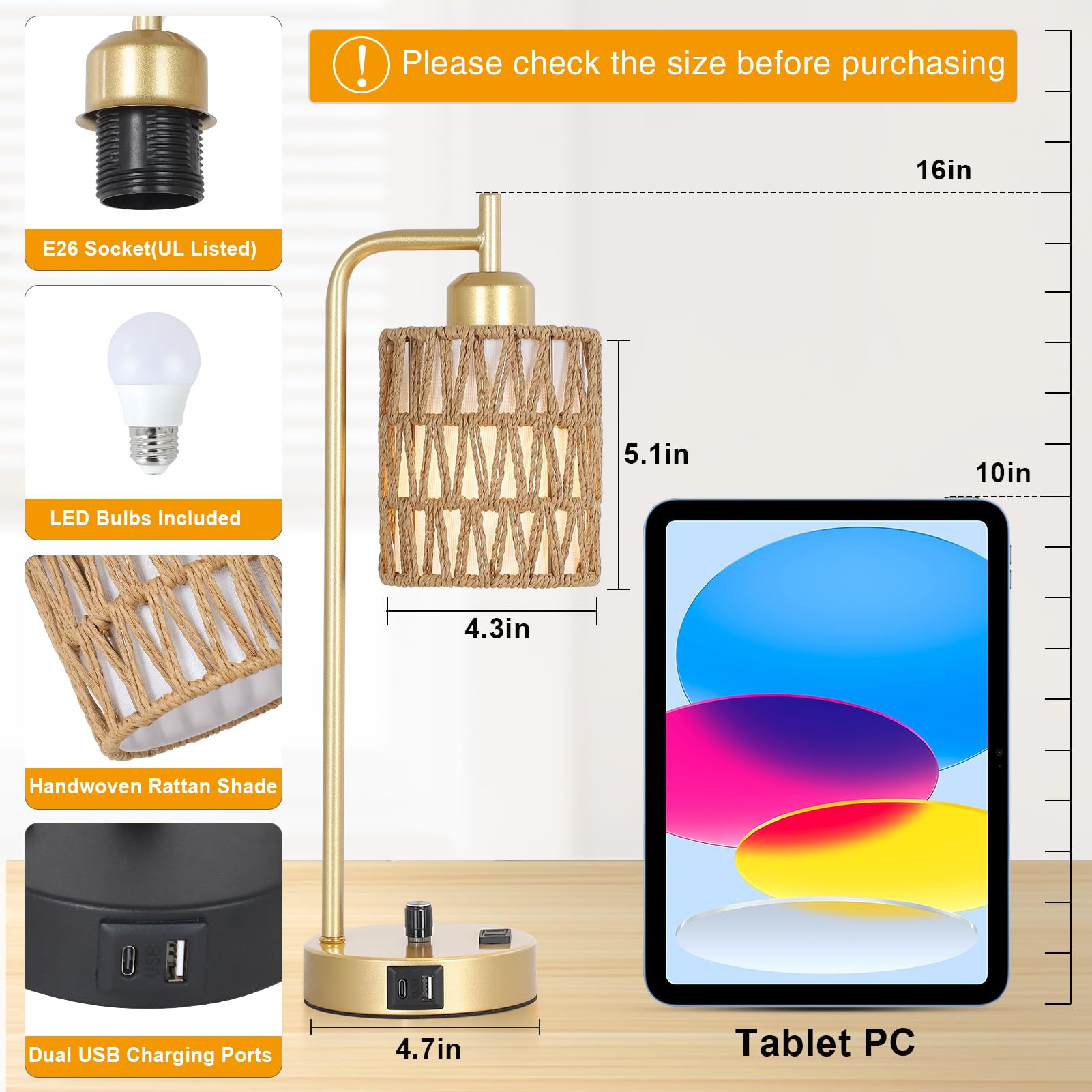Stepeak Gold Lamp For Bedroom, Boho Rattan Table Lamps Set Of 2 With Led Bulbs, Bedside Lamps For Night Stands With Wicker Shade