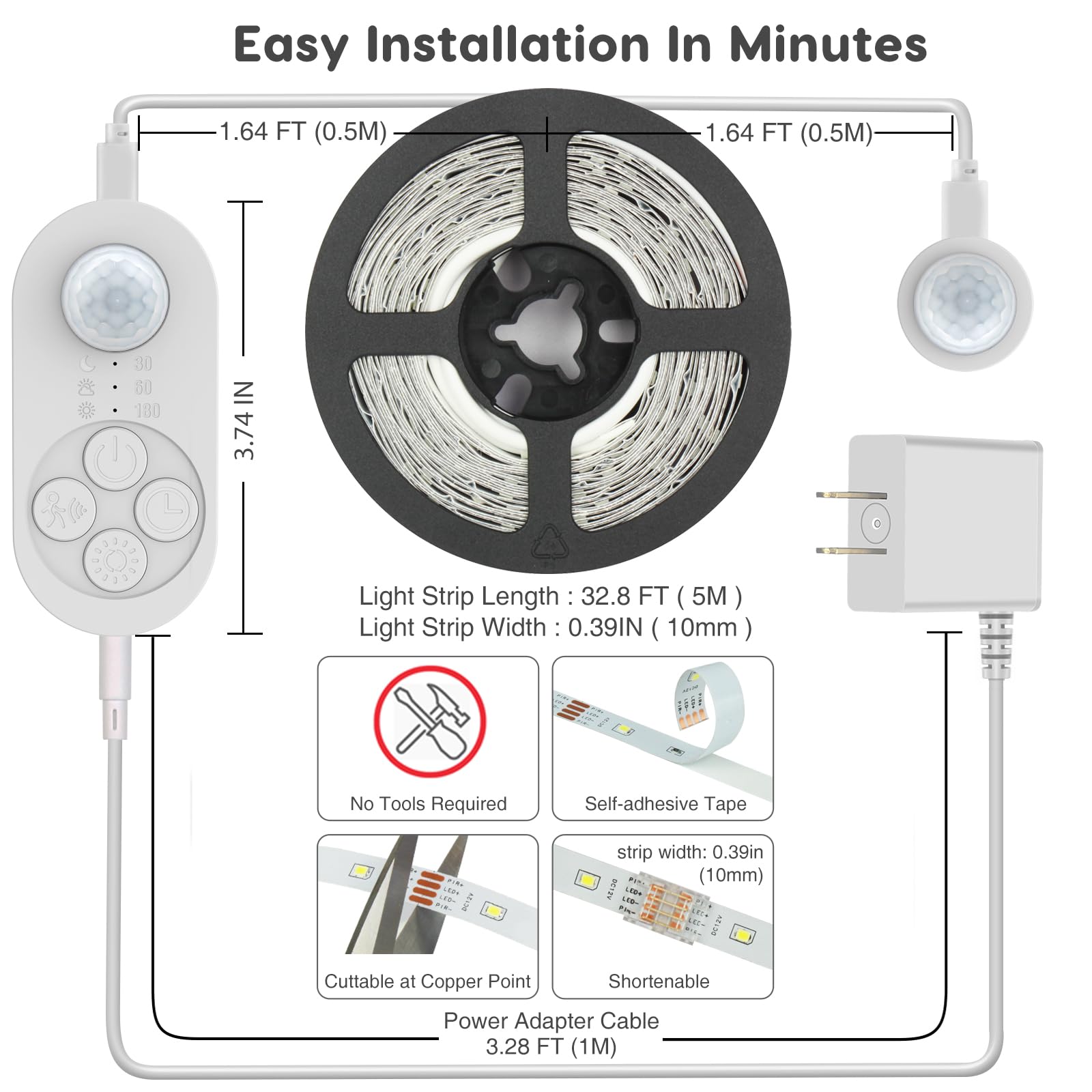 GOOMEEYA Dual Motion Sensor LED Stair Light Strip - 32.8FT Warm White (3000K), Plug-in, Timer, Dimmer, Model GD10WW0