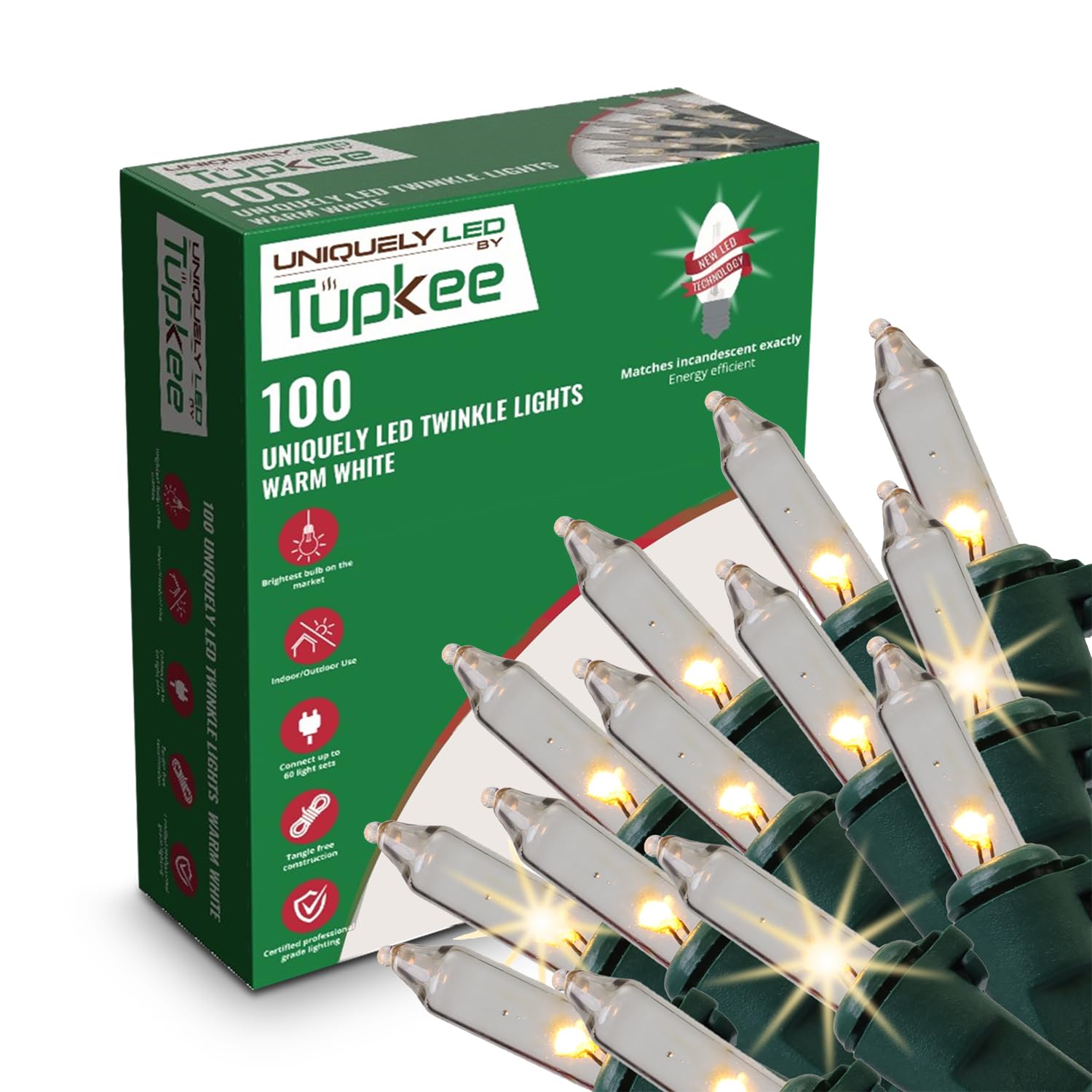 Christmas Uniquely LED Twinkle Lights - Matches Incandescent Exactly - 14 of 100 Lights Twinkle - Indoor Outdoor - 100 Warm Whit