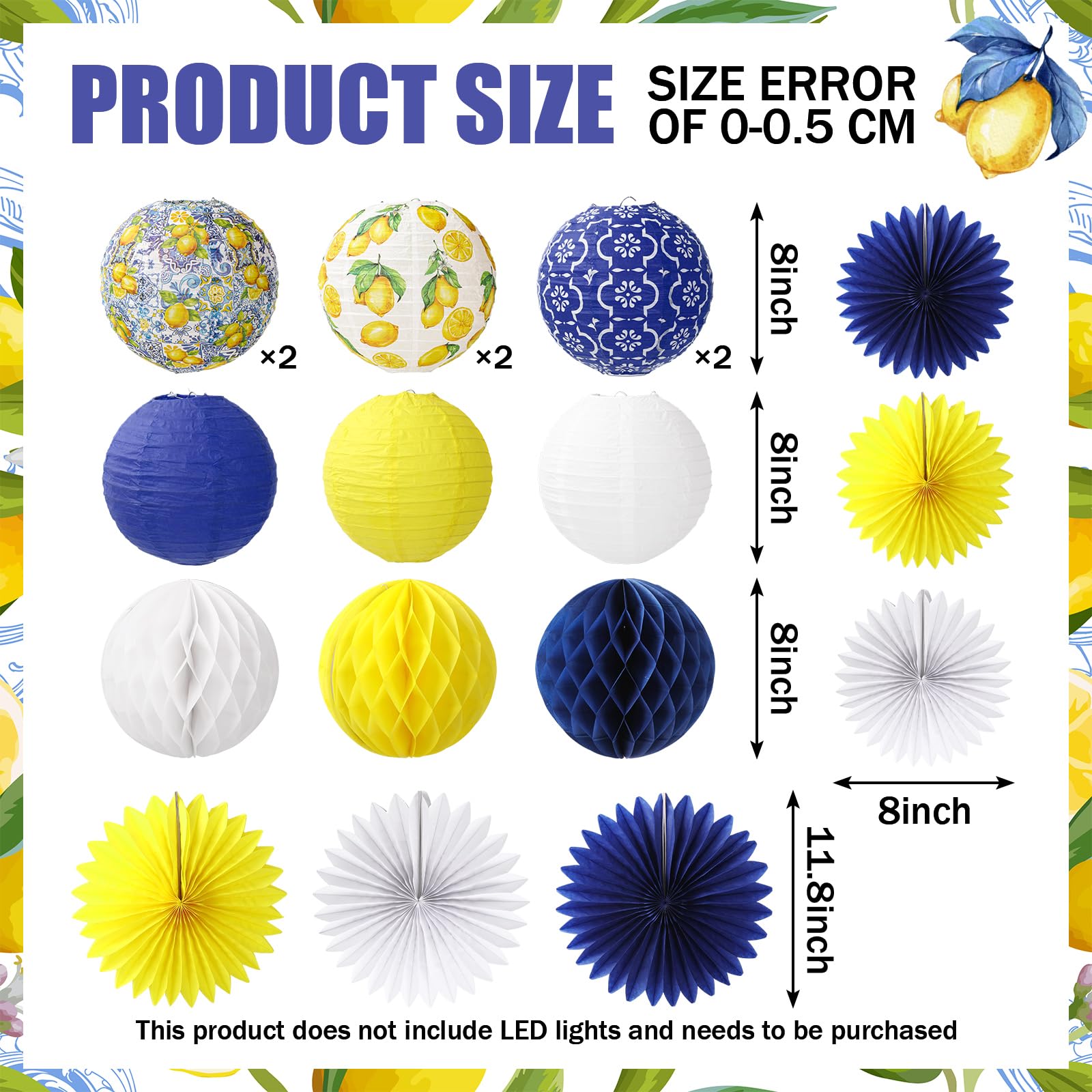 Jarthenaamcs 18 Pcs Capri Lemon Hanging Lantern Kit Paper Lantern With Blue Yellow White Honeycomb Ball Paper Fan Summer Mediter