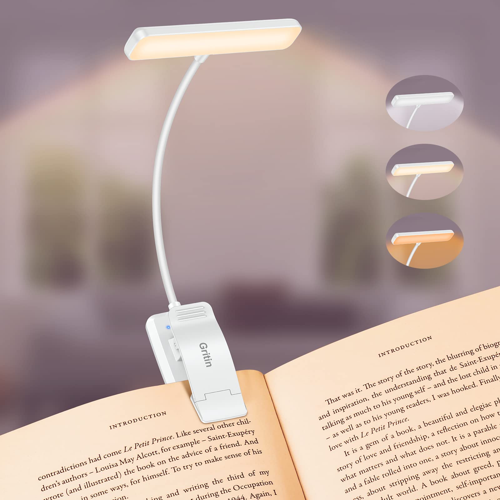 Gritin 19 Led Rechargeable Book Light For Reading In Bed With Memory Function- Eye Caring 3 Color Temperatures,Stepless Dimming