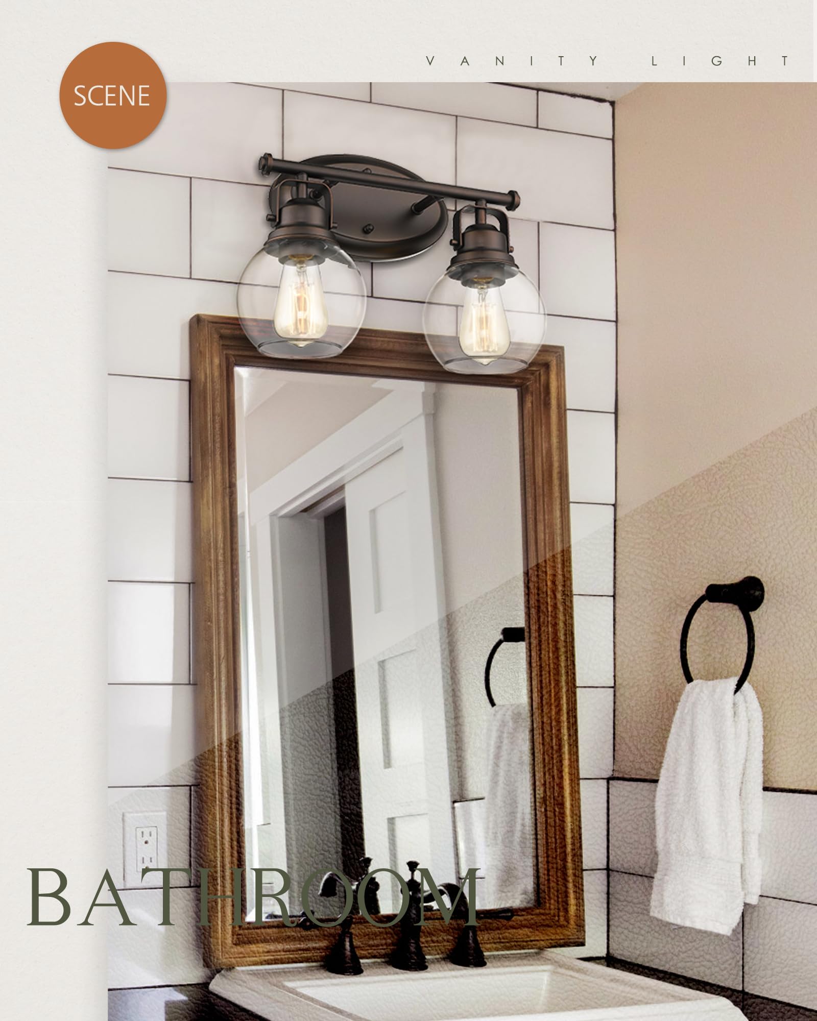 Audickic Farmhouse Vintage Bathroom Vanity Light, 2-Light Wall Mount Lighting Sconce Over Mirror, Oil Rubbed Bronze Finish and C