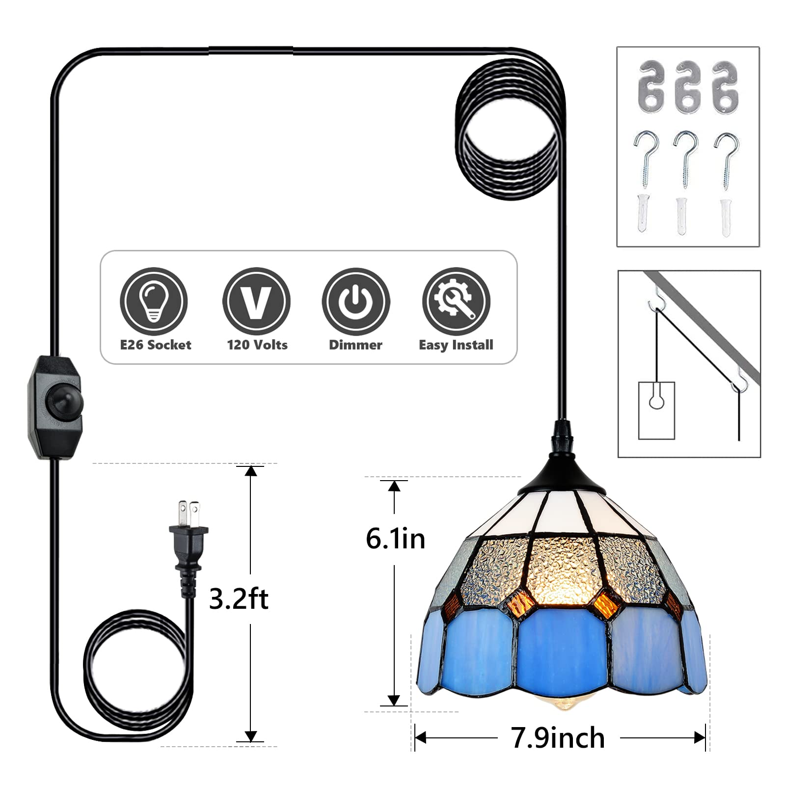 Stepeak Tiffany Style Mini Chandelier Pendant Light, 7.9in Width, Glass, Blue, Model 002, 16.4 Ft Cord, In-Line Dimmer Switch