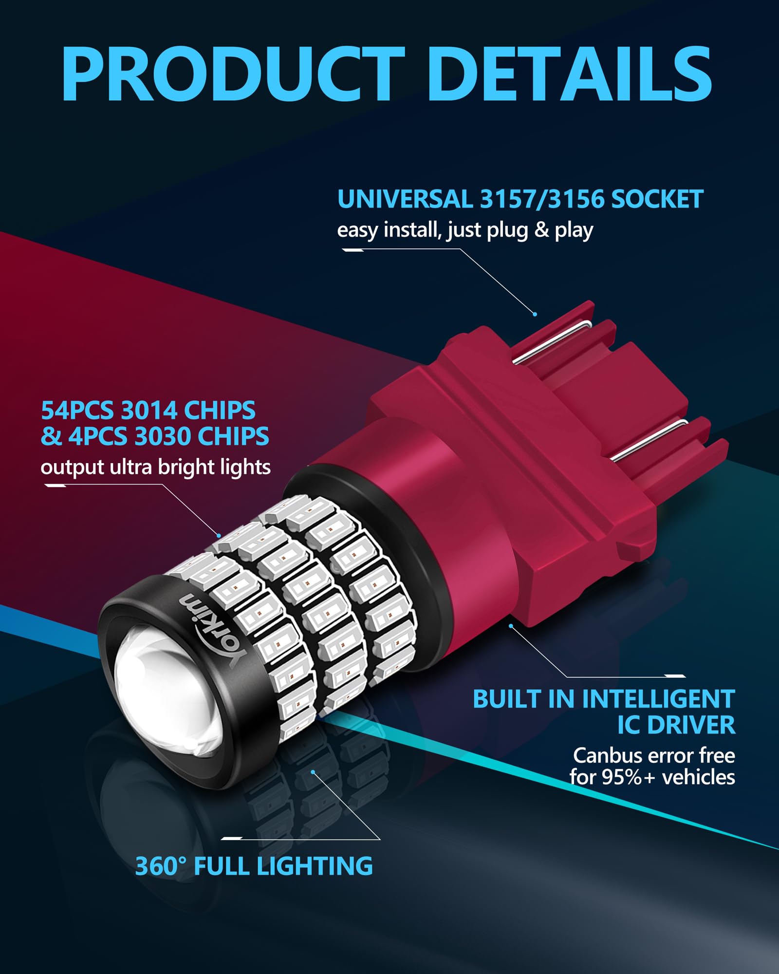 Yorkim 3157 Led Bulb Red 3157 Led Brake Lights Bulb 3157 Led Tail Lights 3157 Led Blinking Brake Lights With Projector 3156 Led Bulb Red 3056 3156 3057 4057 4157 T25 Led Bulbs Red, Pack Of 2