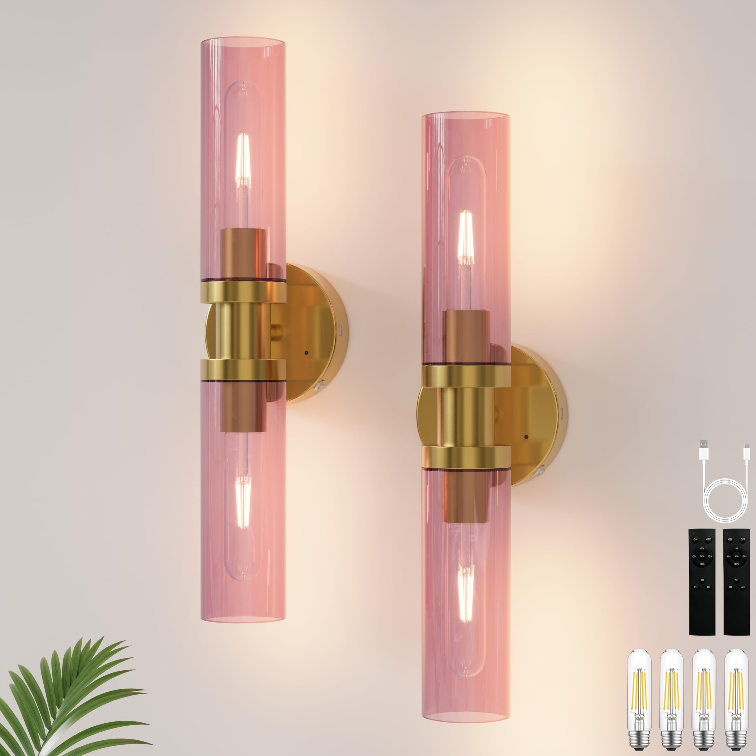Rayogale Rechargeable Battery Wall Sconce Set of Two, 10000mAh, Dimmable, Remote, Gold & Wine Red Shade, Model WL-7116-GD-RL-
