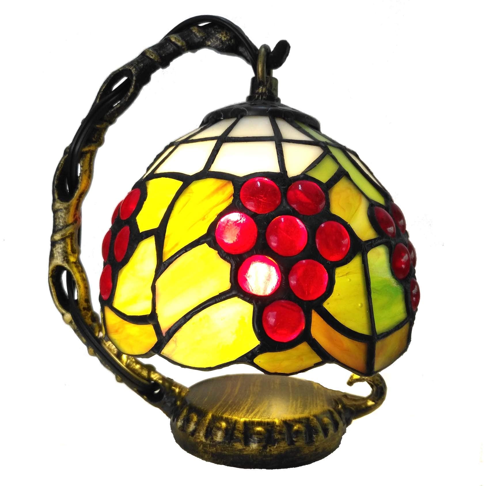 Bieye L10554 Grapes Tiffany Style Stained Glass Mini Table Lamp Night Light for Bedside Living Room  7-inch Tall