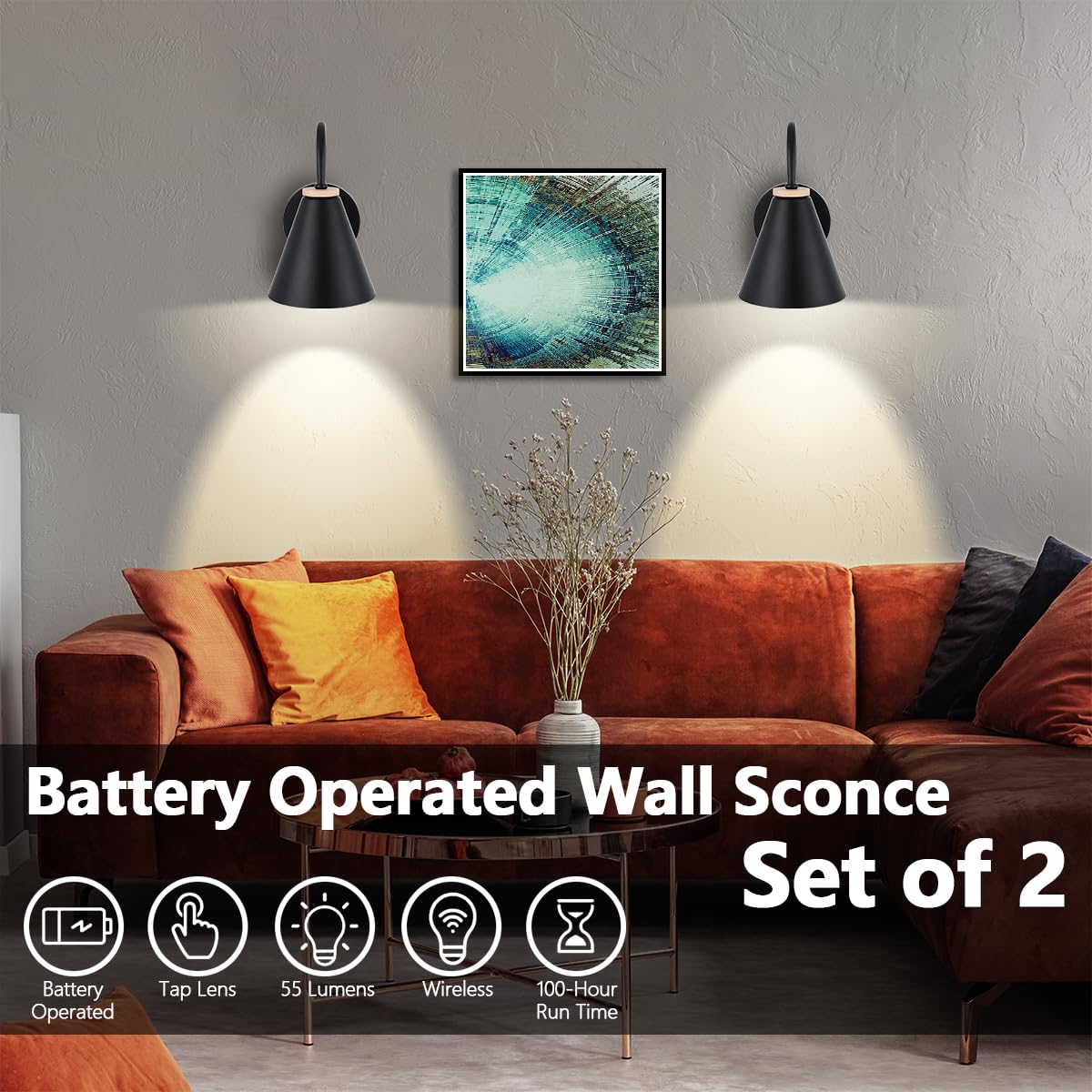 Battery Operated Black Faux-Wood Industrial Wall Sconce Set Of Two, Easy To Install Not Wires, Remote Control Dimmable Led Light Bulb, Dimmable Wall Lamp Fixtures For Indoor Bedroom Farmhouse Gallery