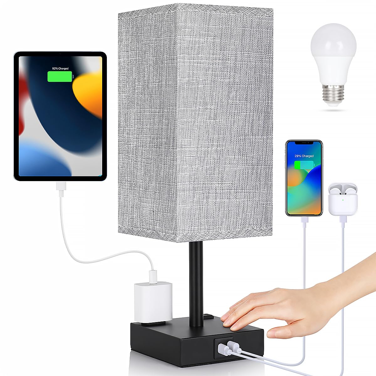 Soilsiu Bedside Lamp - Touch Control Table Lamp With Usb C+A Ports, 3-Way Dimmable, 4.3 Width, Gray, Led Bulb Included, Model