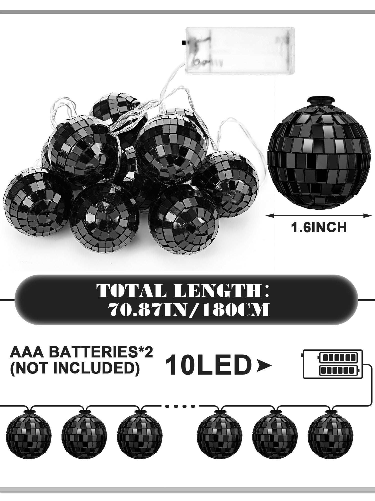 Bbto Led Disco Ball String Light Battery Powered Mirror Balls Ornaments For Outside Backyard Porch 70S 80S Disco Party Supplies(1.57 Inch Black)