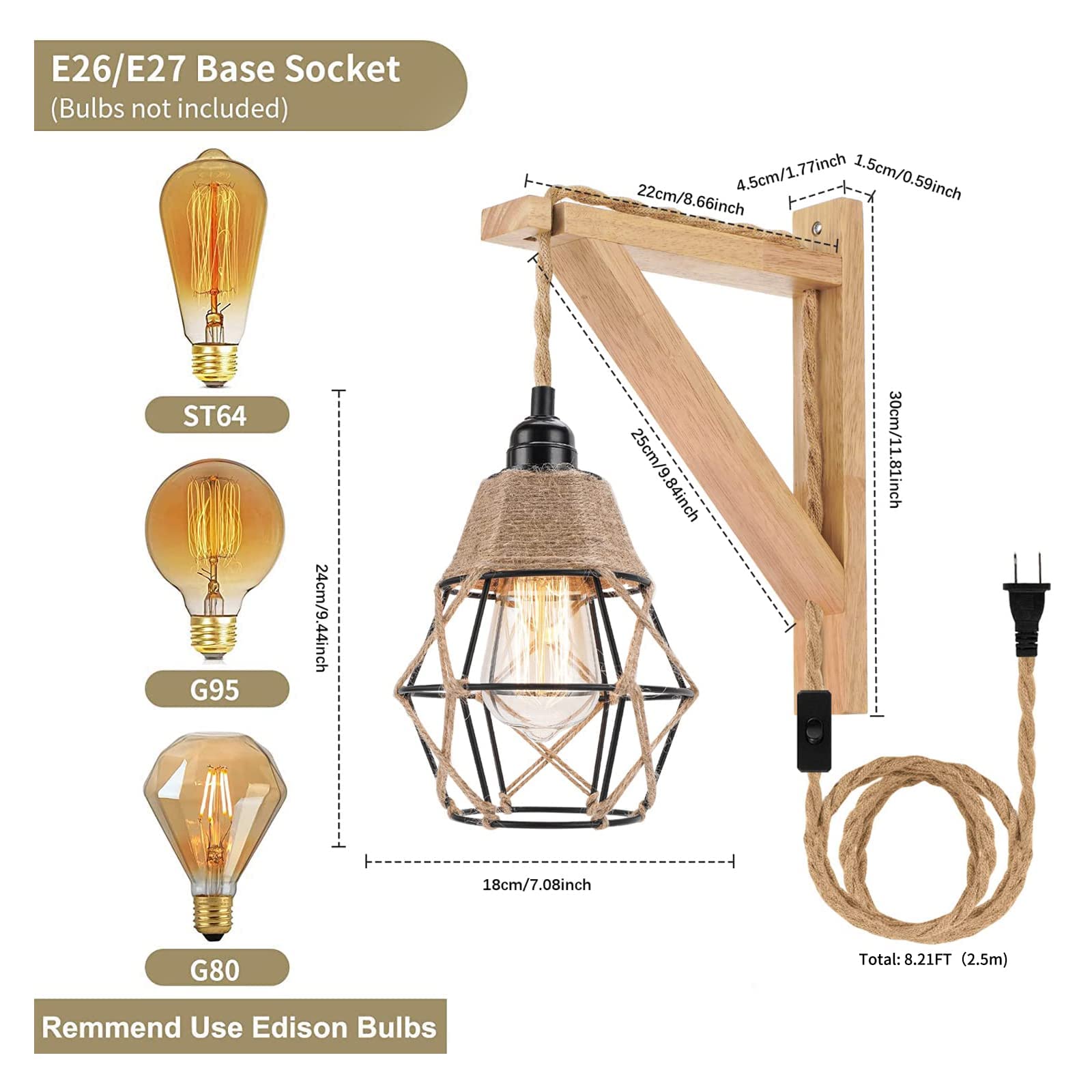 FRIDEKO HOME Wall Lamp - Rustic Plug-in Sconce with Wood Shelf, Orange, Model L03039-12-US for Living Room & Bedroom