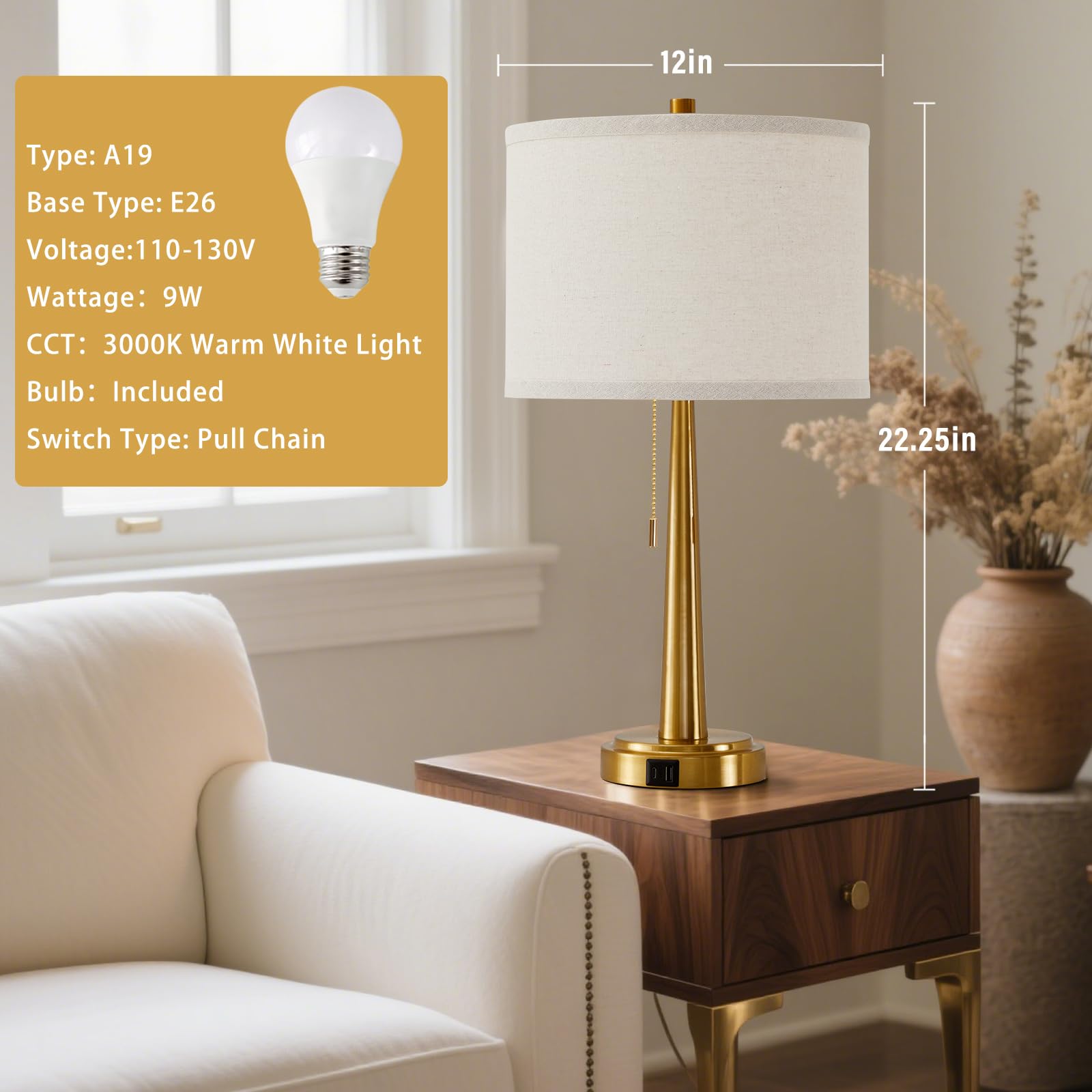 Gyrovu 22 Inches Table Lamps, Bedside Lamps With Usb And C Ports, Nightstand Lamp With Pull Chain, Gold Lamp Set Of 2 For Living