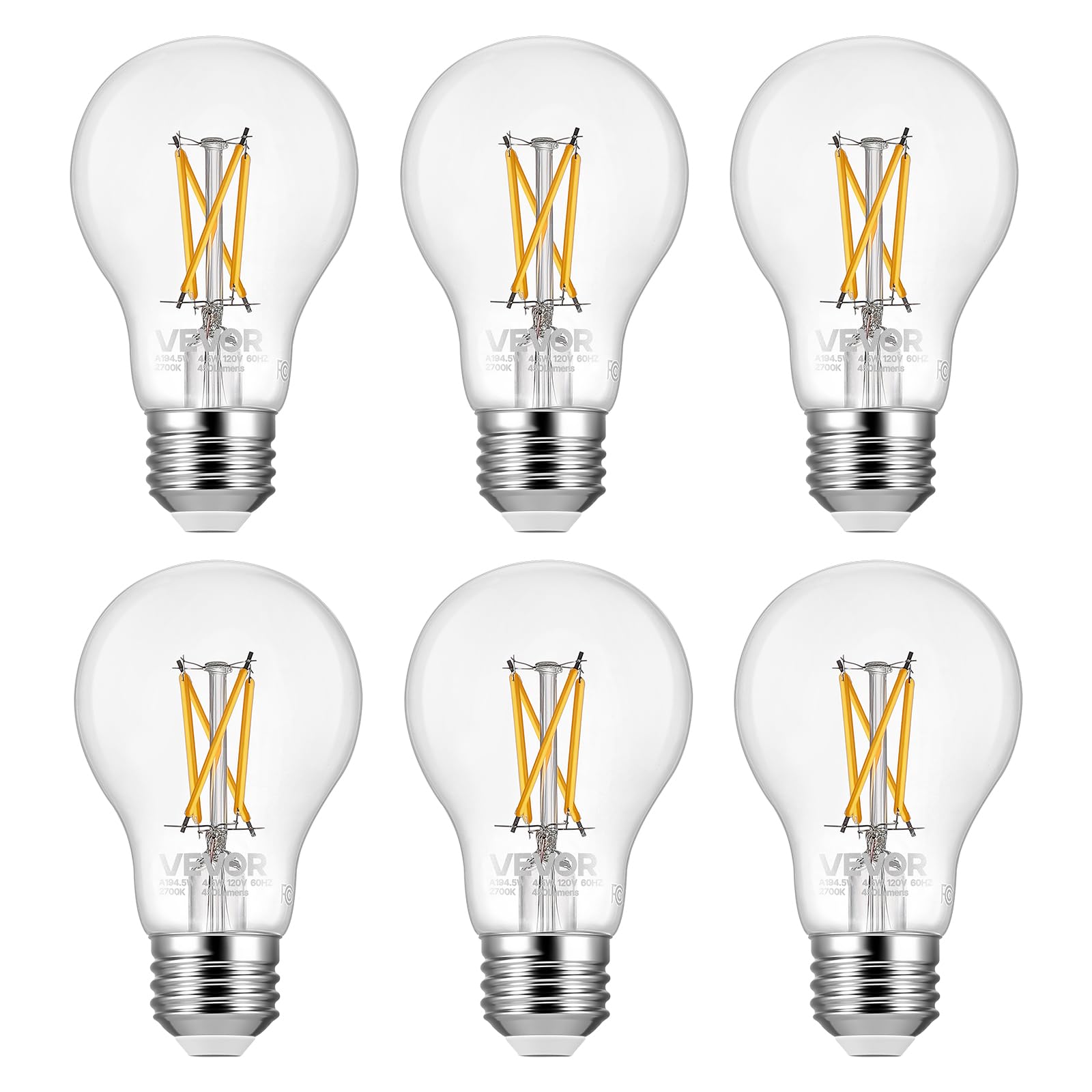 VEVOR 6 Pack Edison Bulbs LED, A19 Vintage Edison Light Bulbs, 4.5W Dimmable 450 Lumens, 2700K Warm White, E26 Base LED Filament