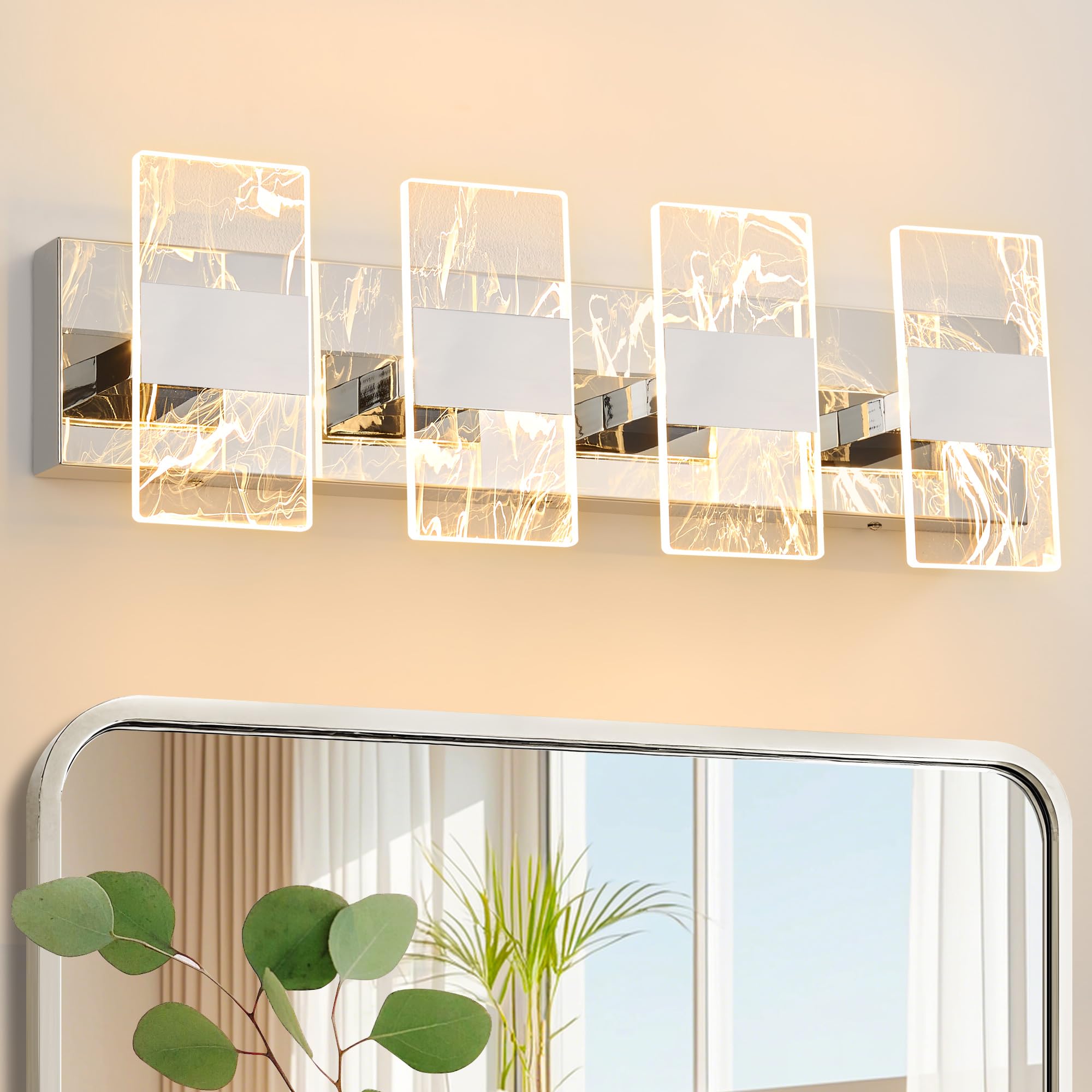 NADOSA Modern LED Bathroom Light Fixtures Dimmable 4-Light Chrome Vanity Light  5CCT Adjustable Lighting Fixture Vanity Lights Over Mirror  Smoked Acrylic LED Vanity Lights for Bathroom