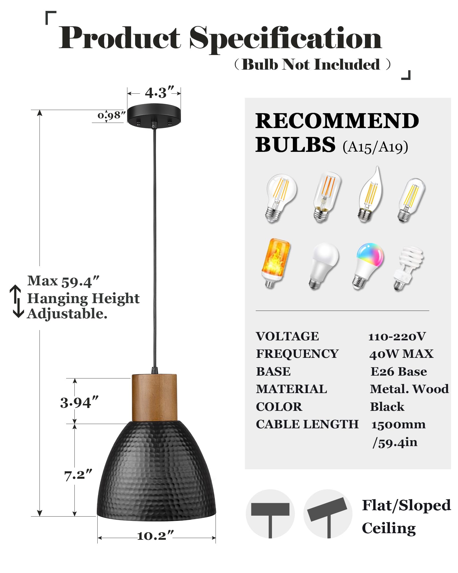 Elyona Hammered Pendant Light, 10.2” Industrial Hanging Lamp For Kitchen, Bar, Dining Room, Black