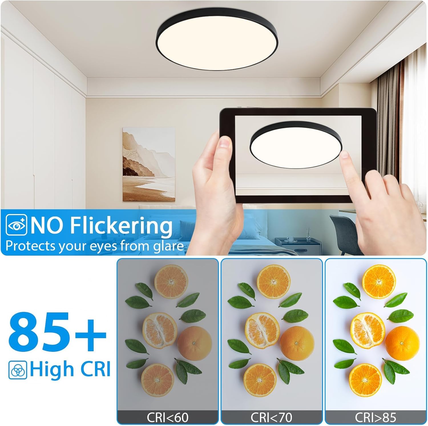 HOVENLA 19.7 Inch Round LED Ceiling Light Fixture, 36W Dimmable, Black, Metal