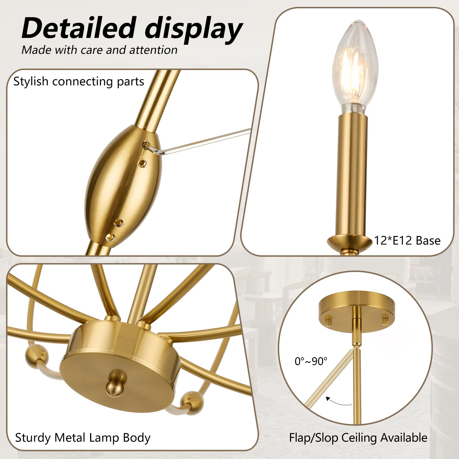 Acaner 12-Light Brushed Gold Large Chandeliers For High Ceilings, 35 Inch Candle Style Rustic Pendant Light Fixture For Entryway