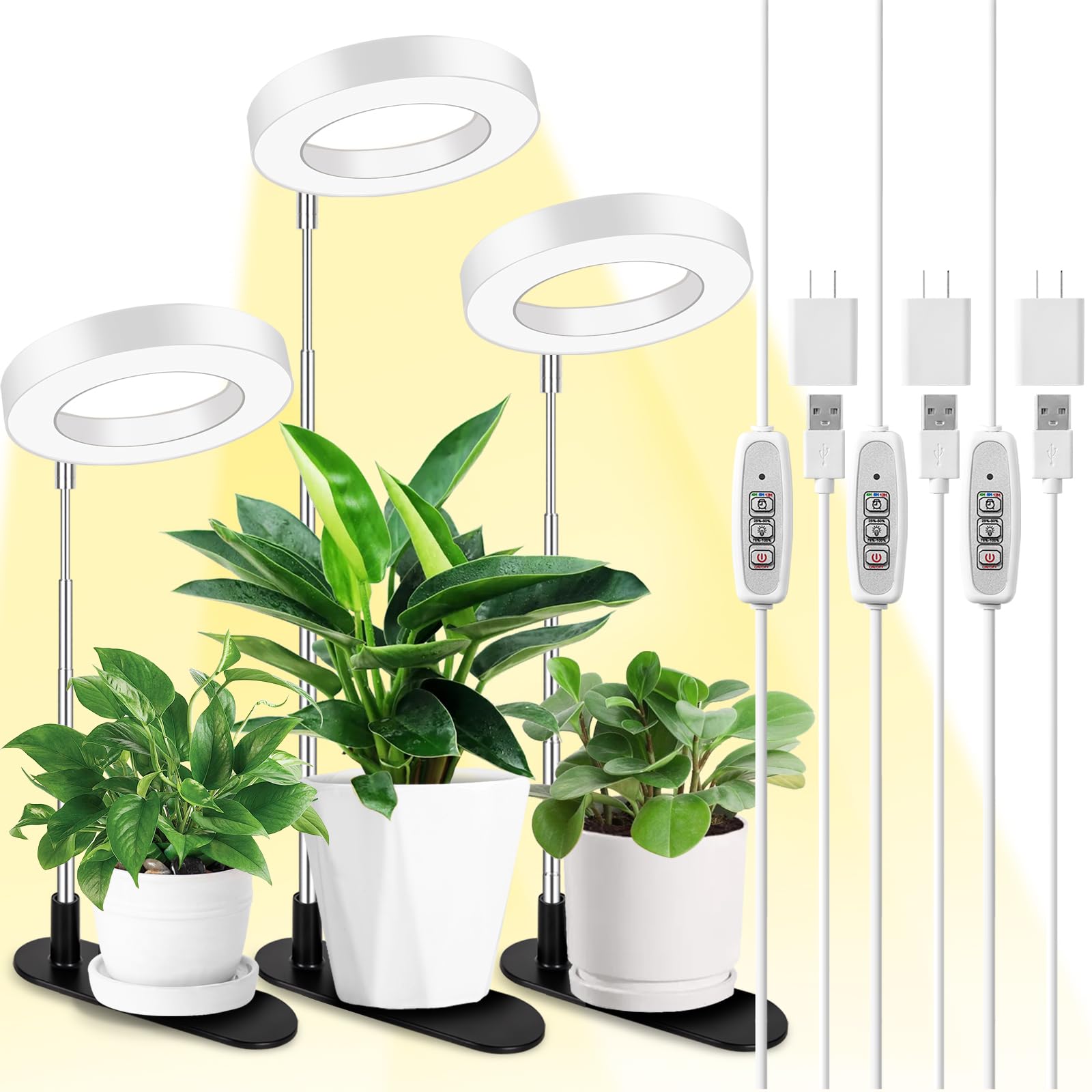 Lordem Plant Grow Light, Full Spectrum Halo Desk Plant Light, Height Adjustable 7.8&quot;-26&quot;, Led Growing Lamp, Automatic Timer 4H/8H/12H, 4 Level Dimmable, Ideal For Indoor Plants, White,3 Pack