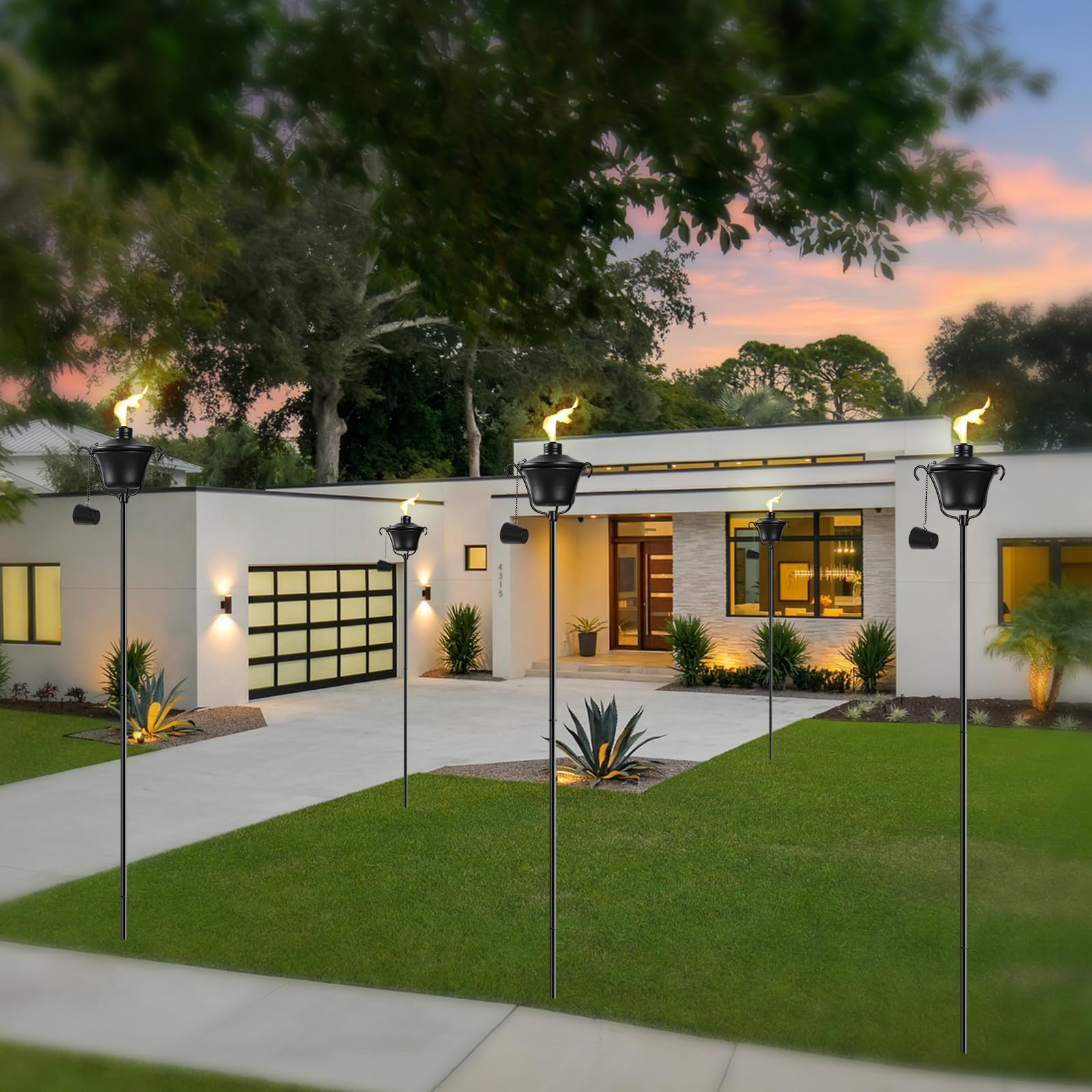 Falbawr Citronella Torches Set Of 4, 3-Prong Grounded Stake Outdoor Torches ,14.5 Oz Garden Torches For Outside, 58 Inch Outdoor