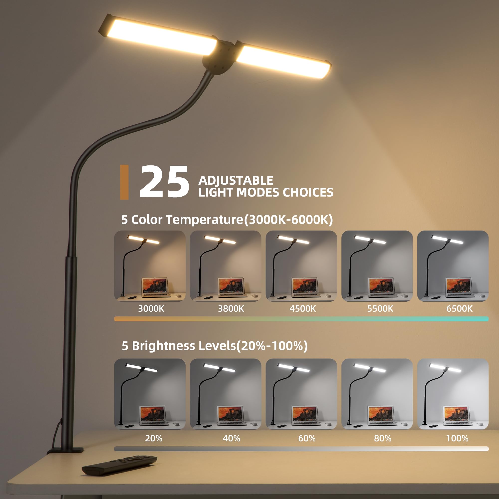 Motumen LED Desk Lamp, Adjustable Gooseneck, 25 Lighting Modes, Black, Model MTD2401