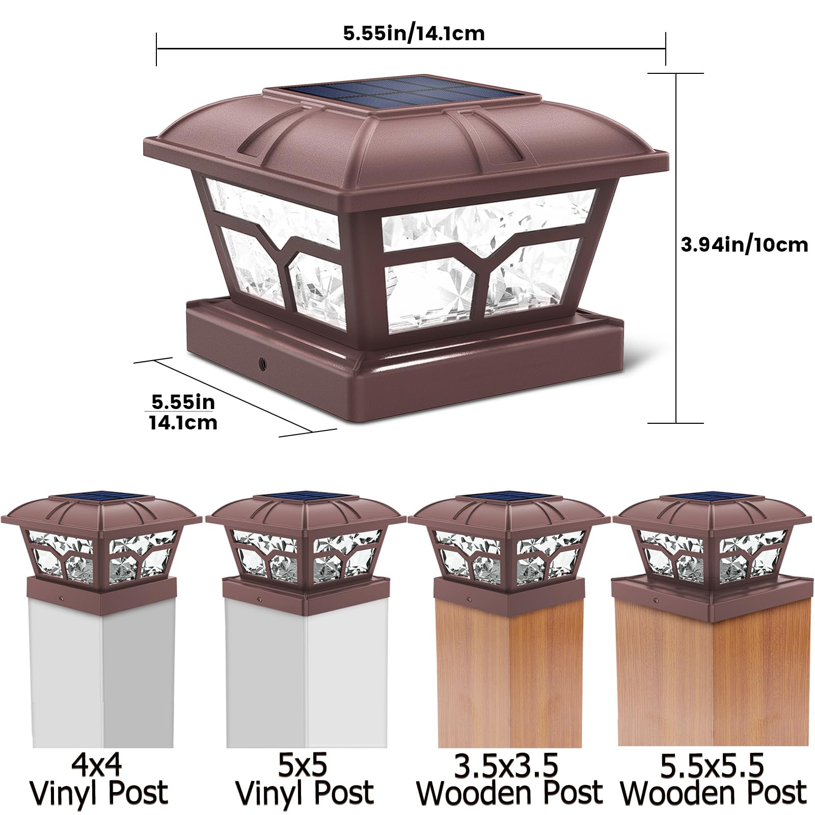 SIEDiNLAR Solar Post Cap Lights - 8 LEDs, 2 Color Modes, Brown, 1 Pack - Fits 4x4, 5x5, 6x6 Posts