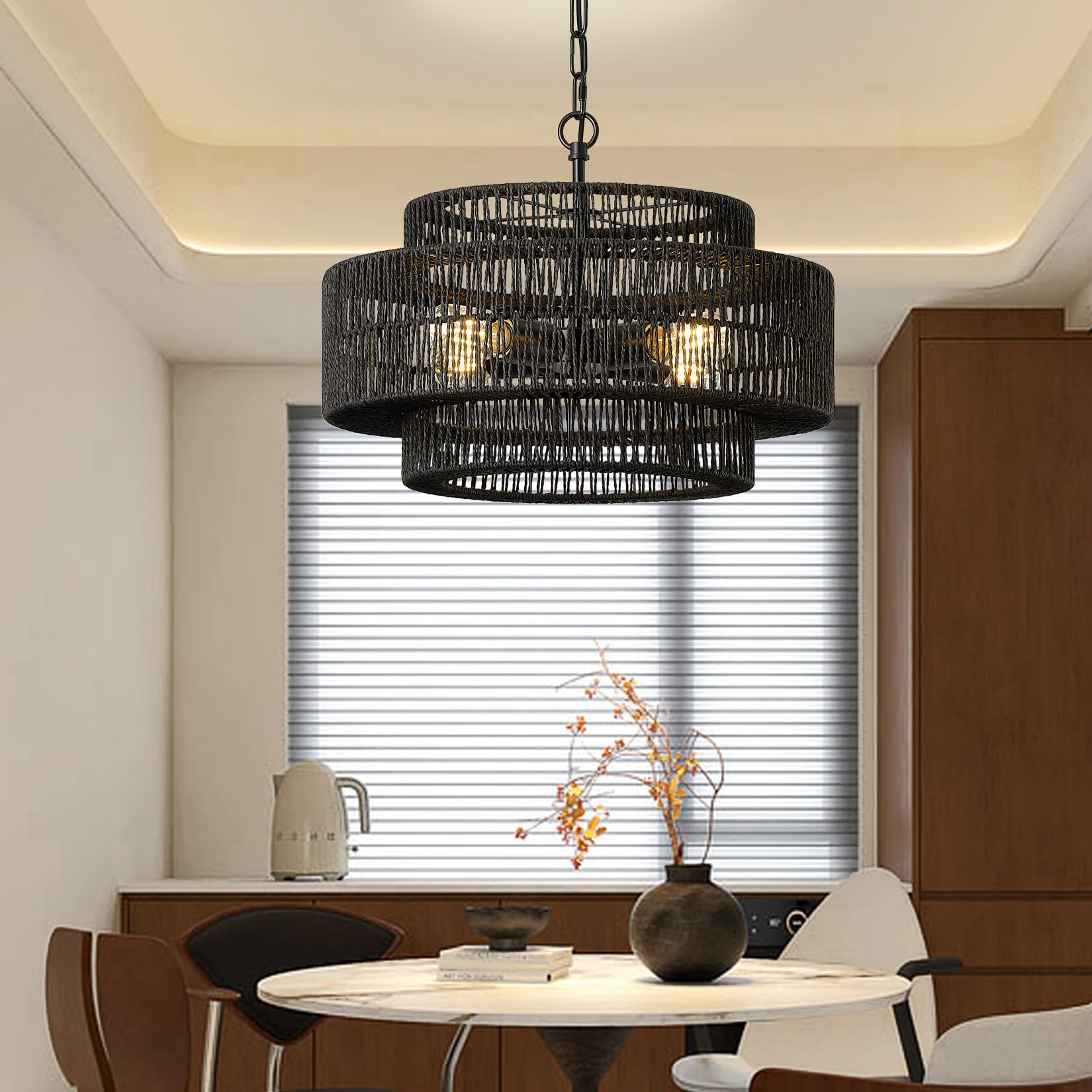 Giutna 17.7'' Black Large Boho Rattan Chandeliers For Dining Room, 4-Light Rattan Hand-Woven Farmhouse Drum Chandelier Pendant L