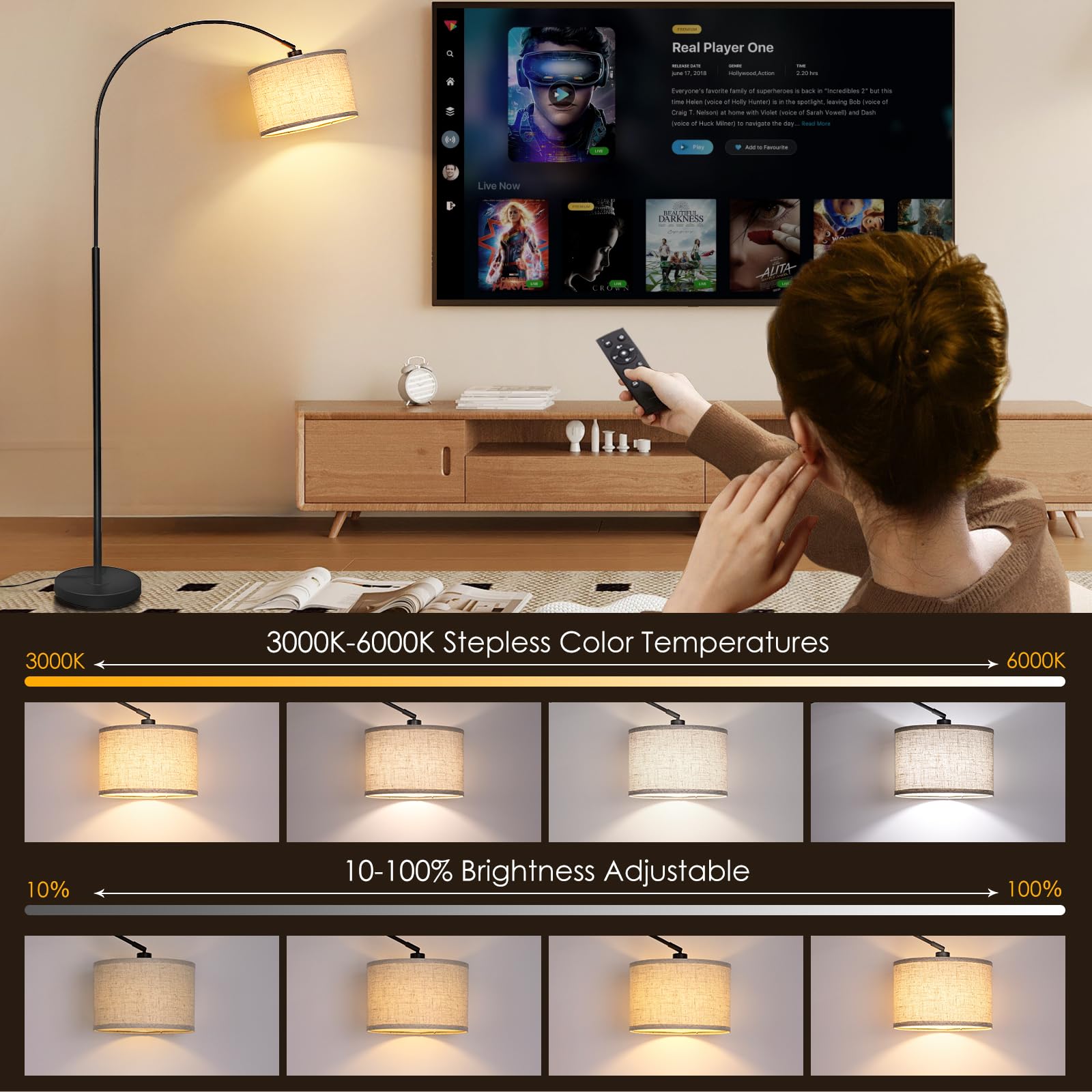 Qingmiao Arc Floor Lamp, Modern Dimmable Standing Lamp With Remote, Black Metal Shade, Foot Switch, Ideal For Living Room Or Bedroom
