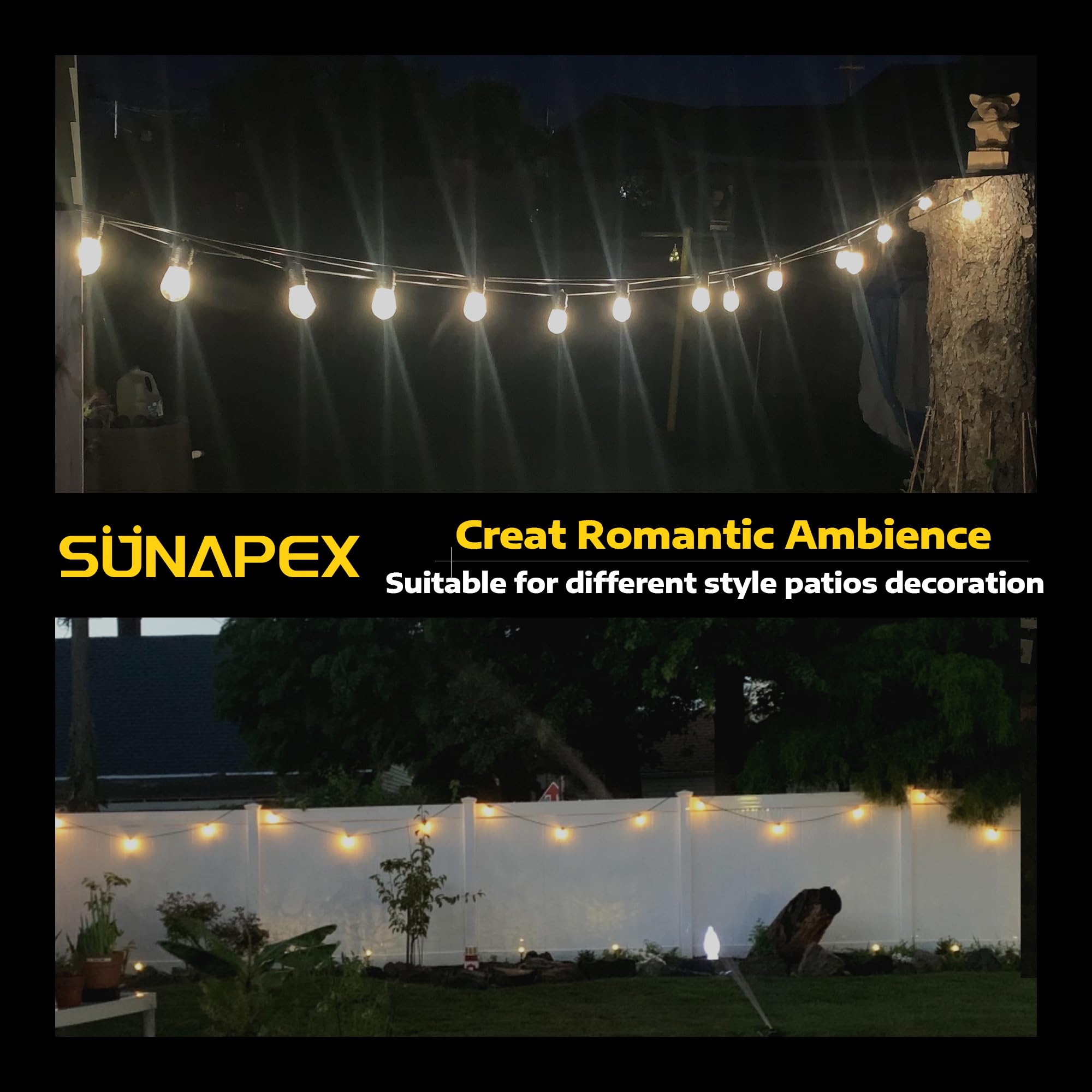 SUNAPEX Solar String Lights Outdoor Waterproof 48FT Shatterproof Edison Bulbs Yellow 2700k Rubber