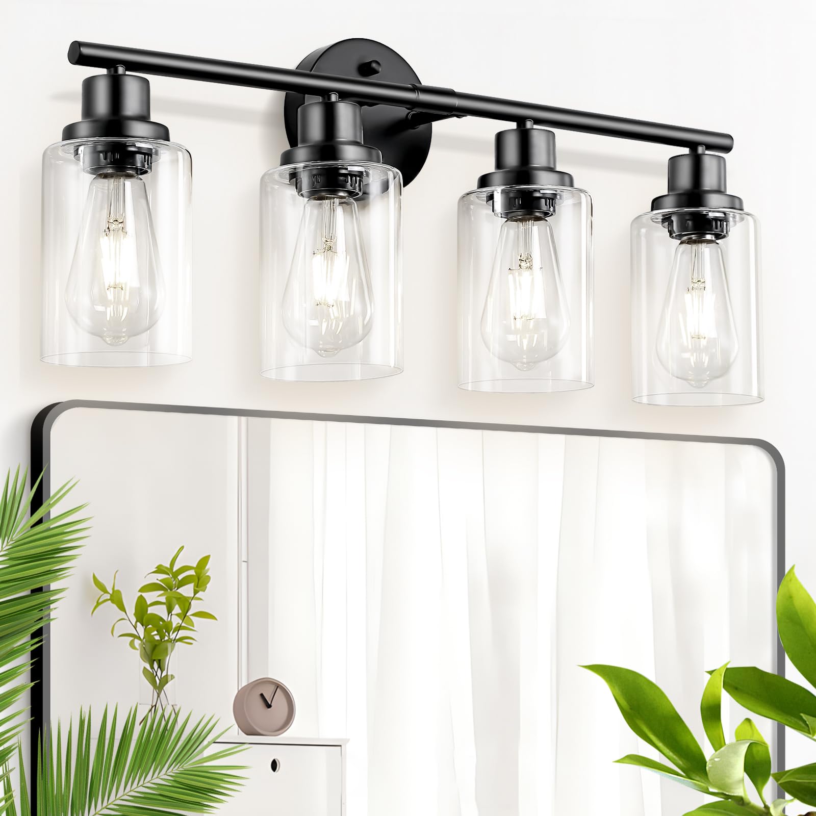 Guliaofo 4-Light Black Bathroom Light Fixtures, Metal Vanity Lights with Clear Glass Shade, Model Gu-111-QGH-4