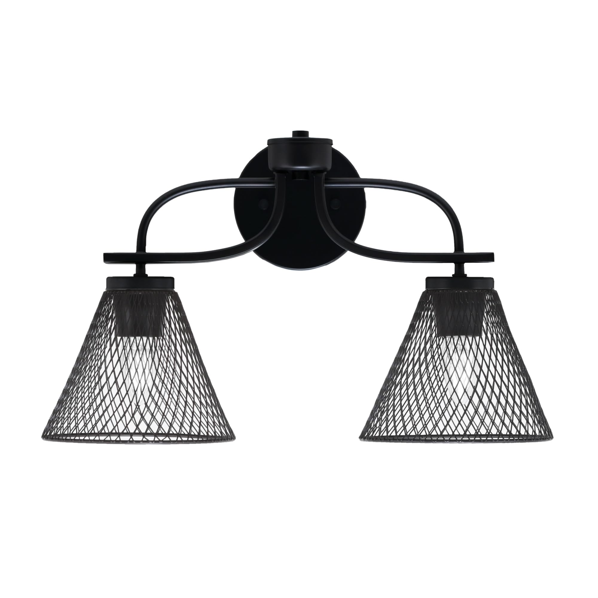 Cavella 2 Light Bath Bar In Matte Black Finish With 7" Matte Black Cone Mesh Metal Shades