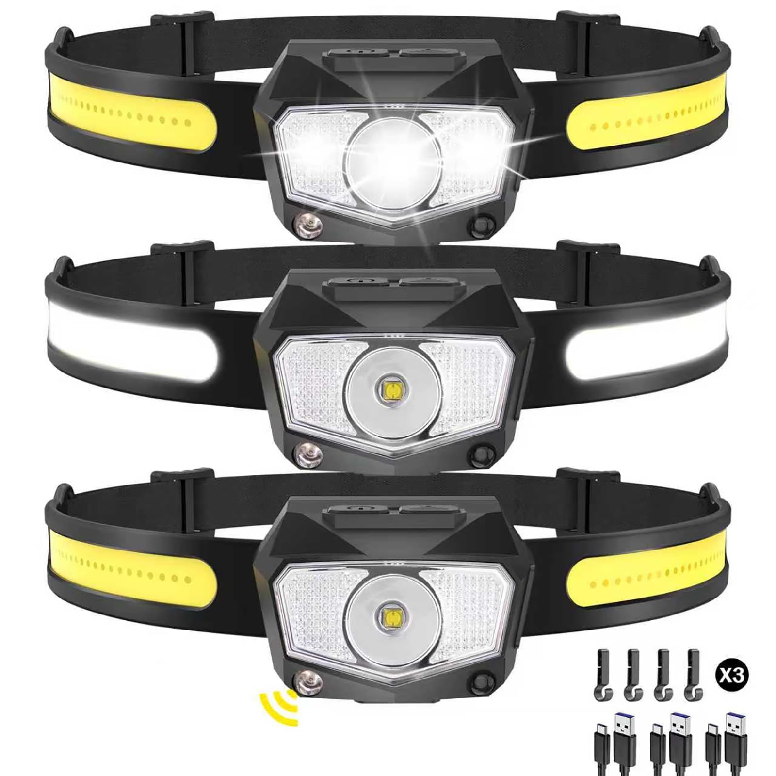 Headlamp Rechargeable 3Pack, 230Wide Beam COB & 60 Super Birght LED Head Lamp with White Red Light, 7Mode Head Lights for Forehe