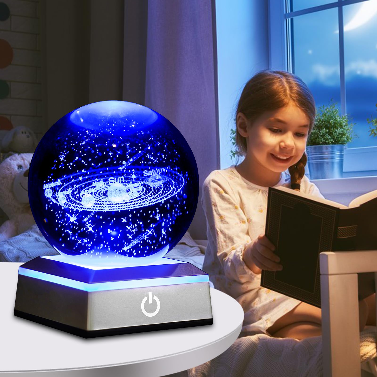 3D Solar System Crystal Ball Night Light 3.15 Inch Glass Ball Table Lamp With Color Changing Touch Base Decor Ideal Space Astron