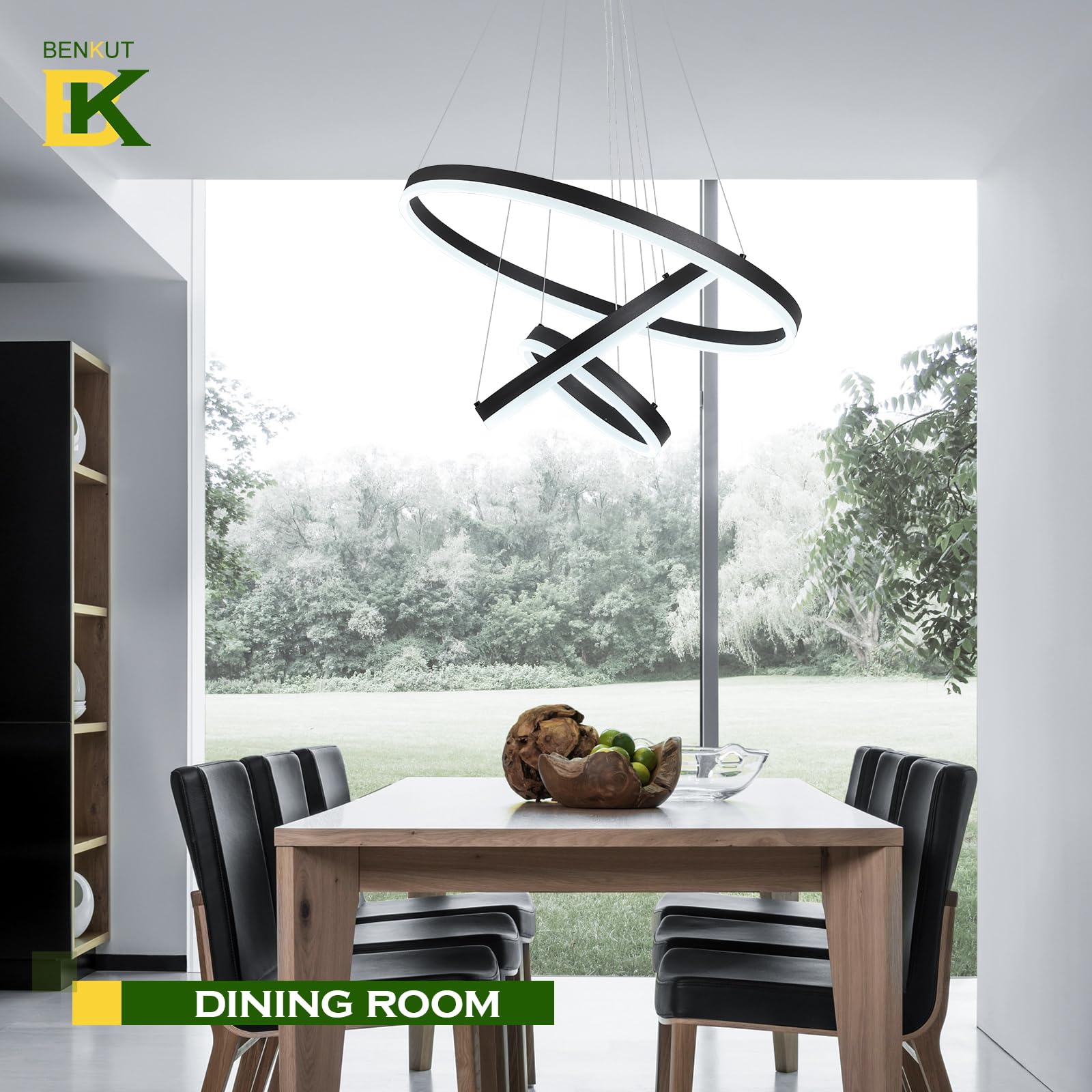 Benkut 3-Rings D23.6 Modern Led Chandelier Black Dimmable Pendant Lighting With Remote Control Circular Flush Mount High Ceiling Light For Dining Room Living Room Bedroom Entrance Foyer, 3000K-6500K