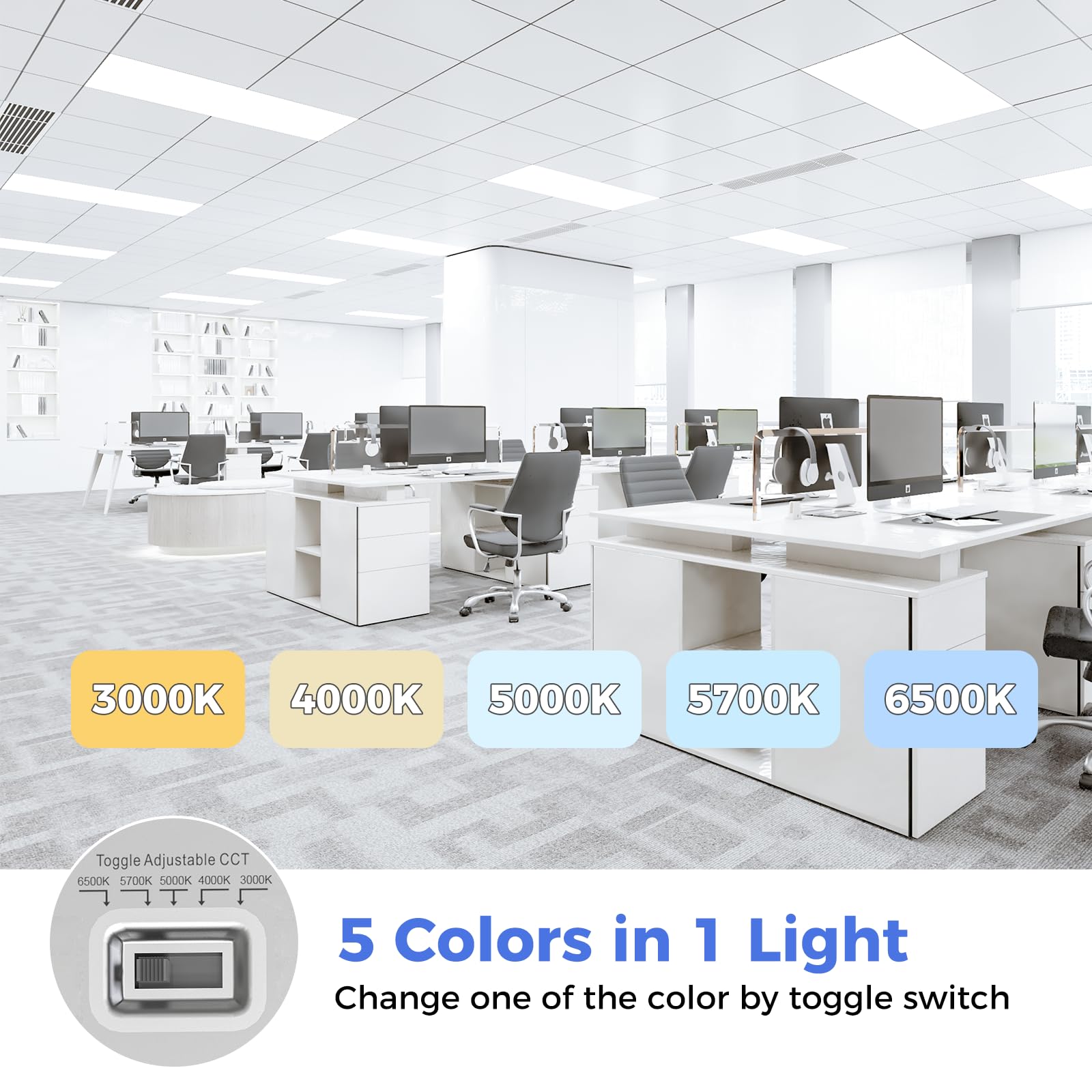 Aikvsxer 4 Pack 2X4 Led Flat Panel Light - Selectable 5 Cct 3000K-6500K & 5 Wattage 30-70W 6600Lm 0-10V Dimmable 2 X 4 Led Drop
