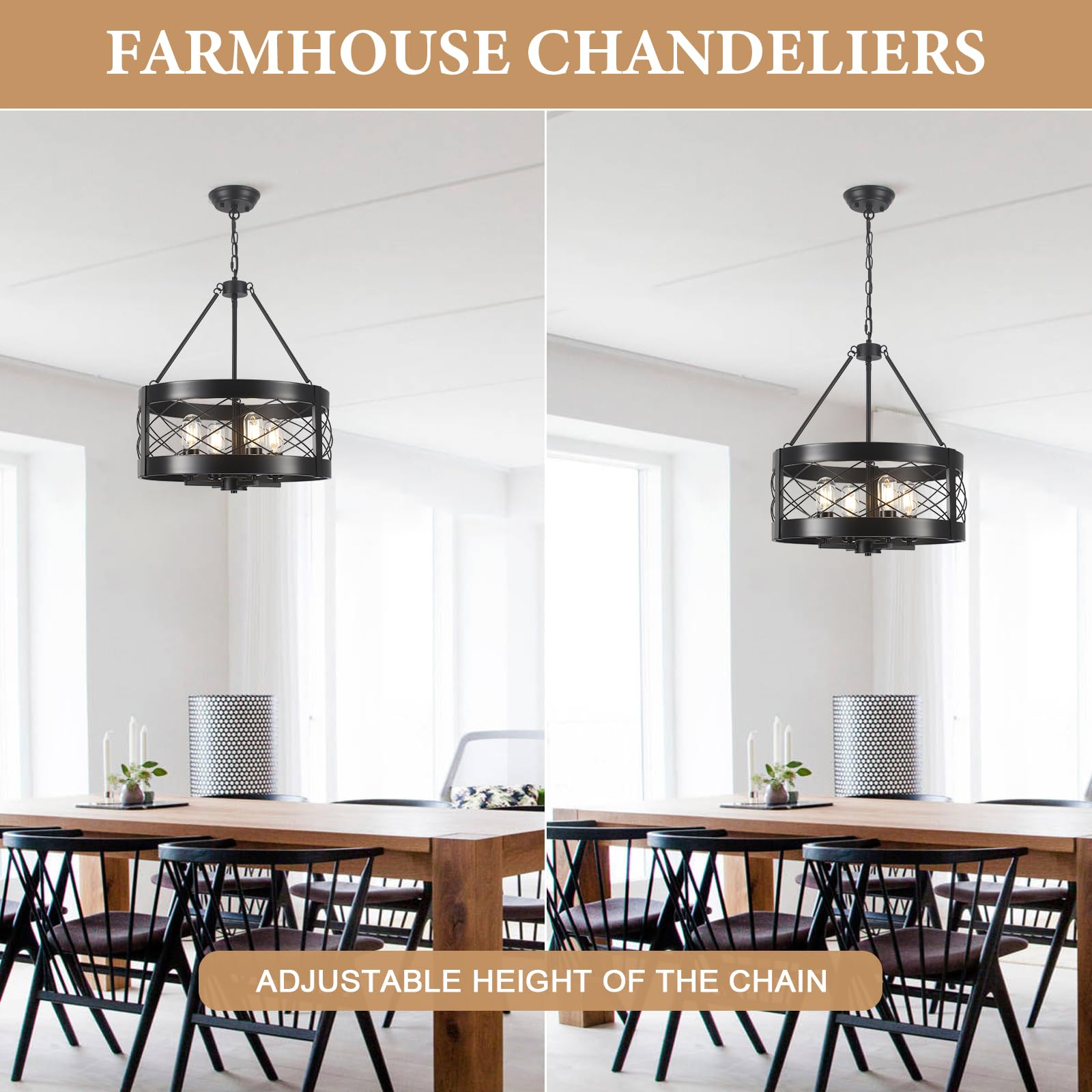 Kostomo Farmhouse Chandelier 4-Light Adjustable Dining Room Light Fixture Kitchen Island Lighting Drum Rustic Hanging Lights For