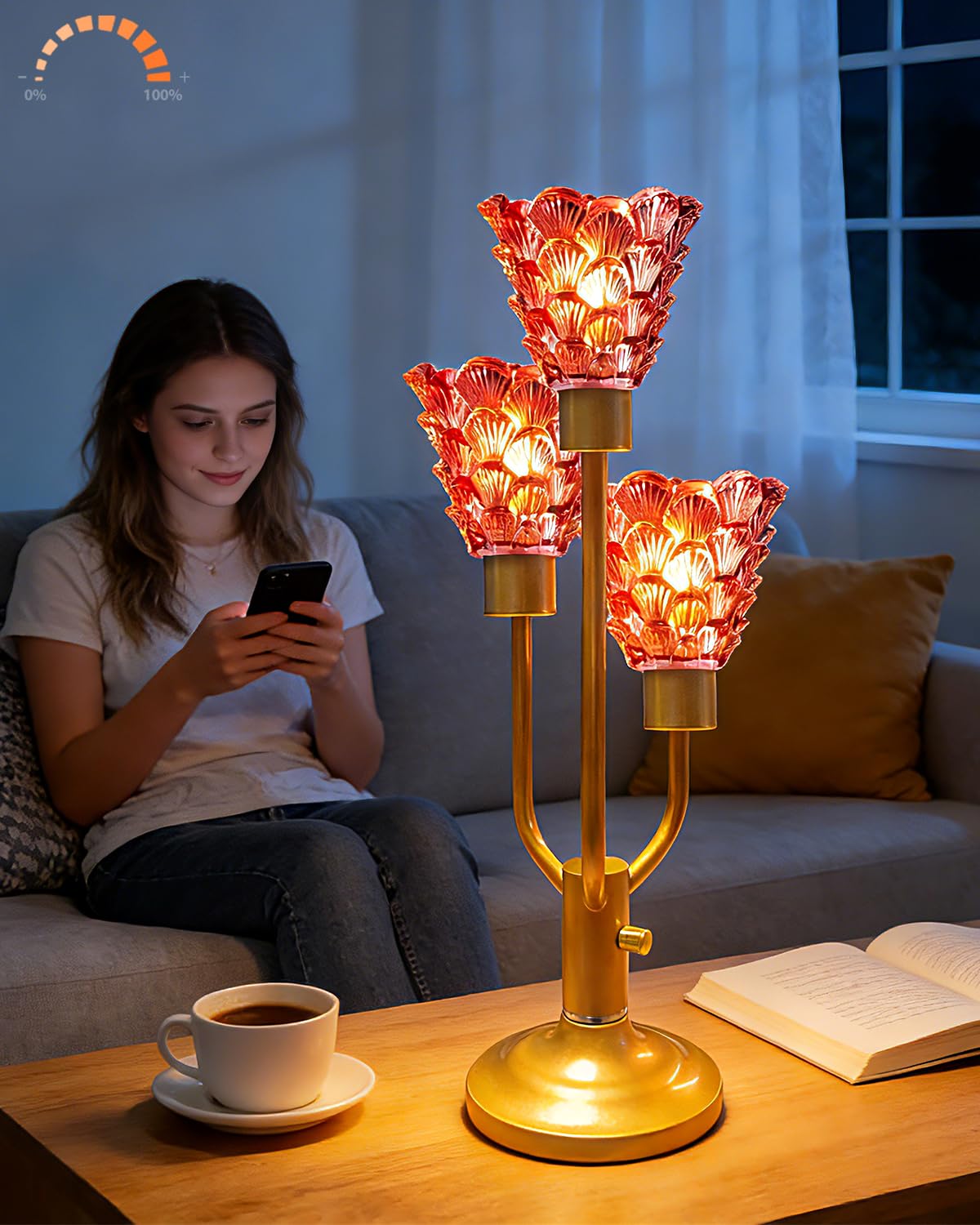 Lightdot Modern Glass Table Lamp for Living Room 3-Light Mid Century Desk Lamp with Deep Red Glass Shade& Bulb Included 3000K Warmwhite Nightstand Lamp for Bedroom Bedside End Table-Gold