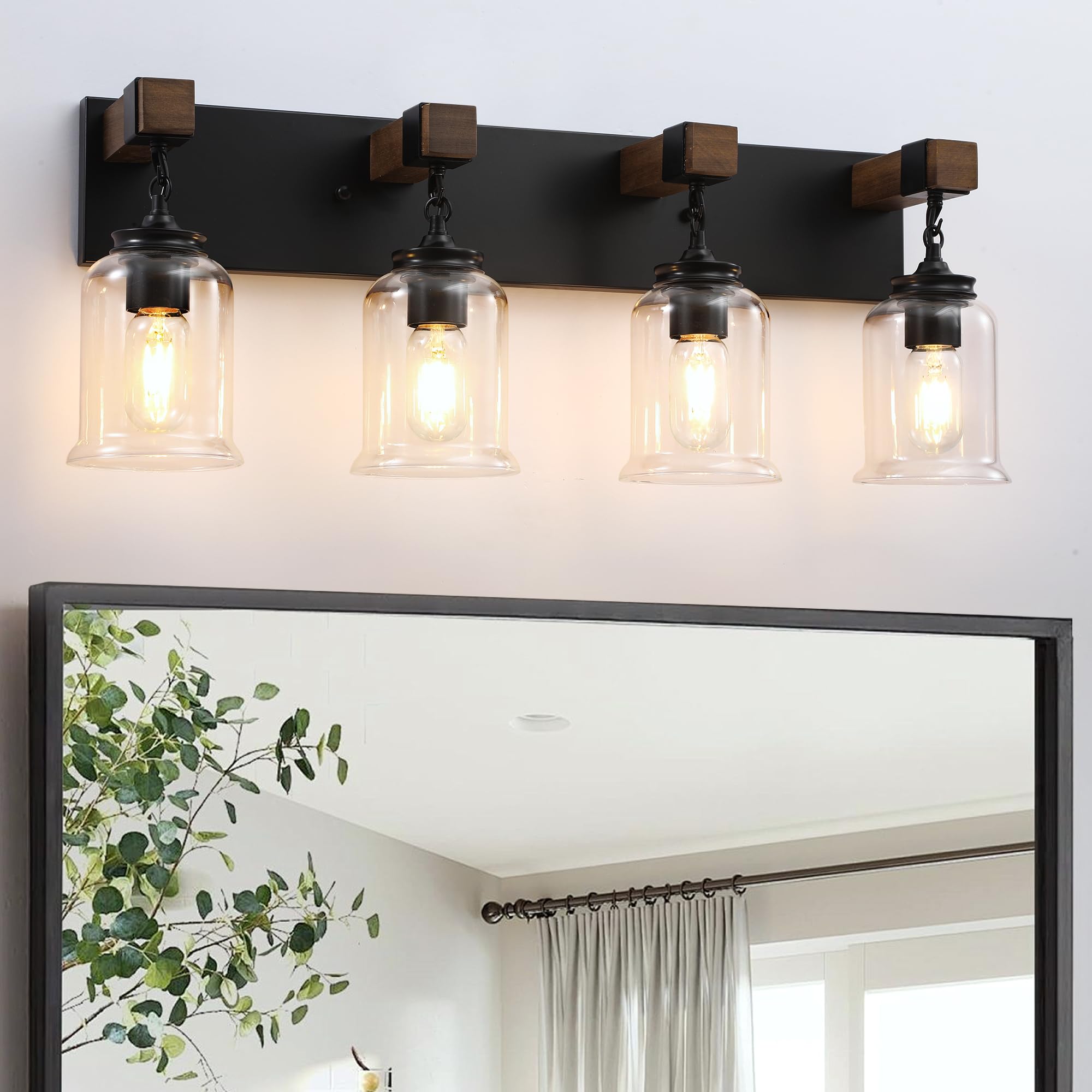 Farmhouse Bathroom Vanity Light, 4 Light Black Bathroom Vanity Light Fixtures Over Mirror, Rustic Wall Lighting with Clear Glass