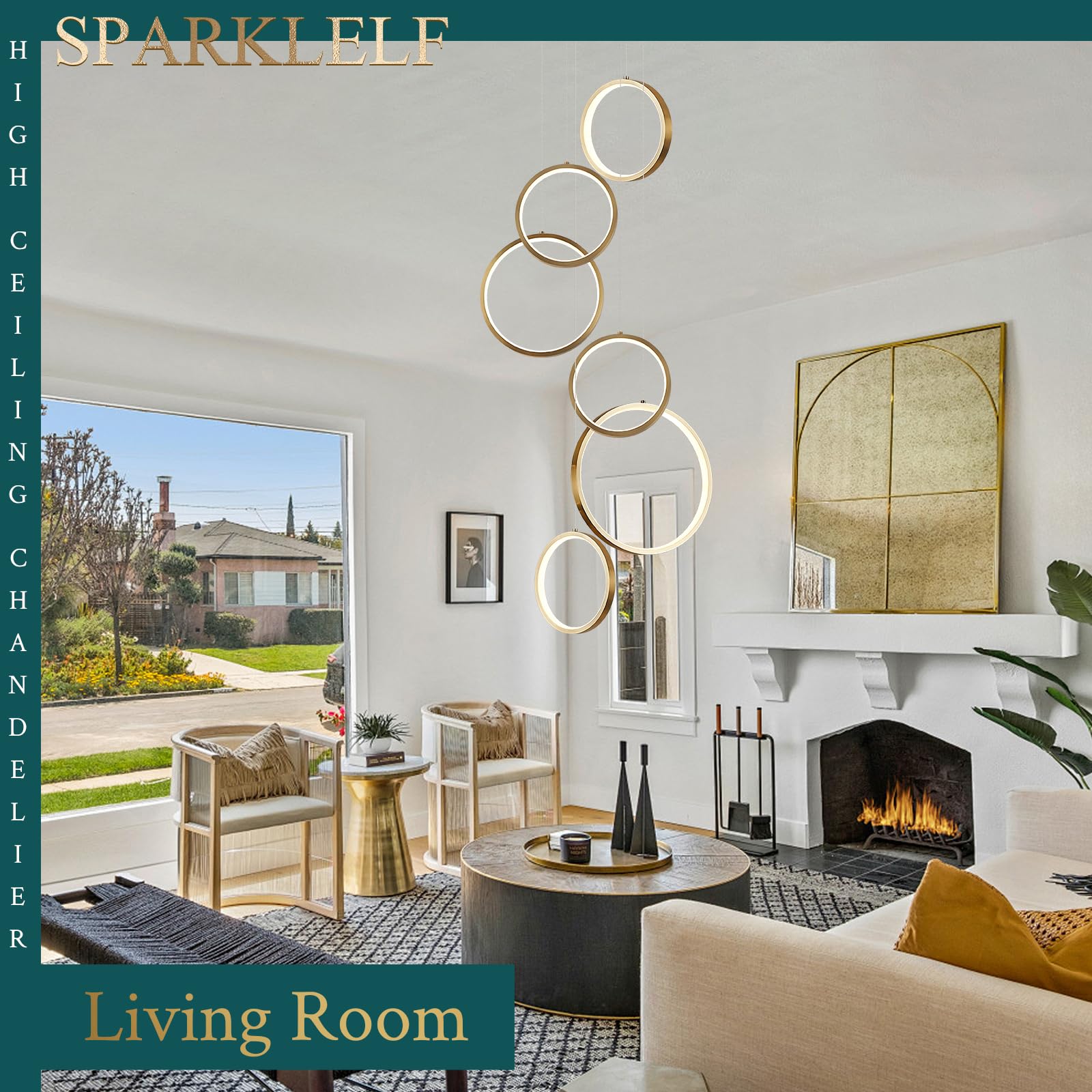 Sparklelf 6-Light Gold LED Chandelier, Dimmable Modern Pendant Fixture for High Ceilings, 3000-6500K, Ideal for Entryway & Dining Room